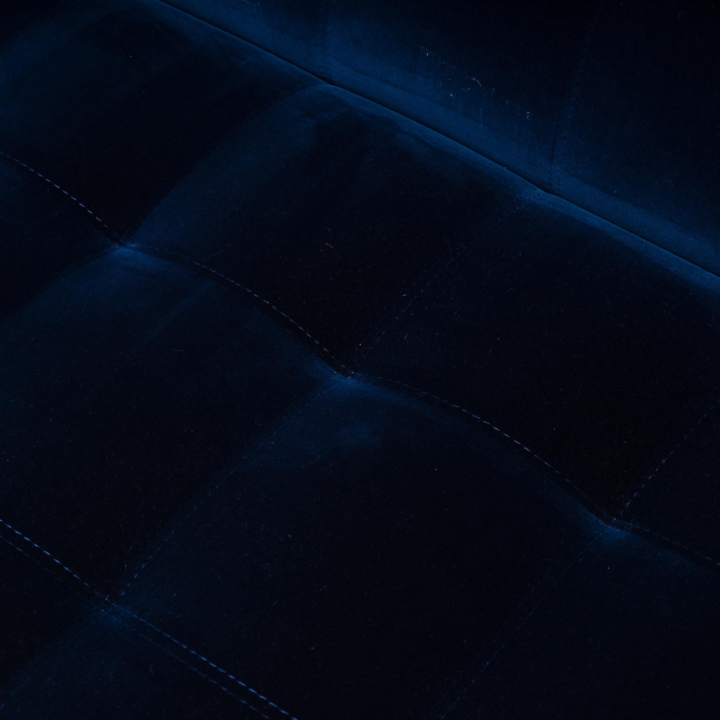 French Roche Bobois Midnight Tufted Blue Velvet Profile 2.5 Seat Sofa