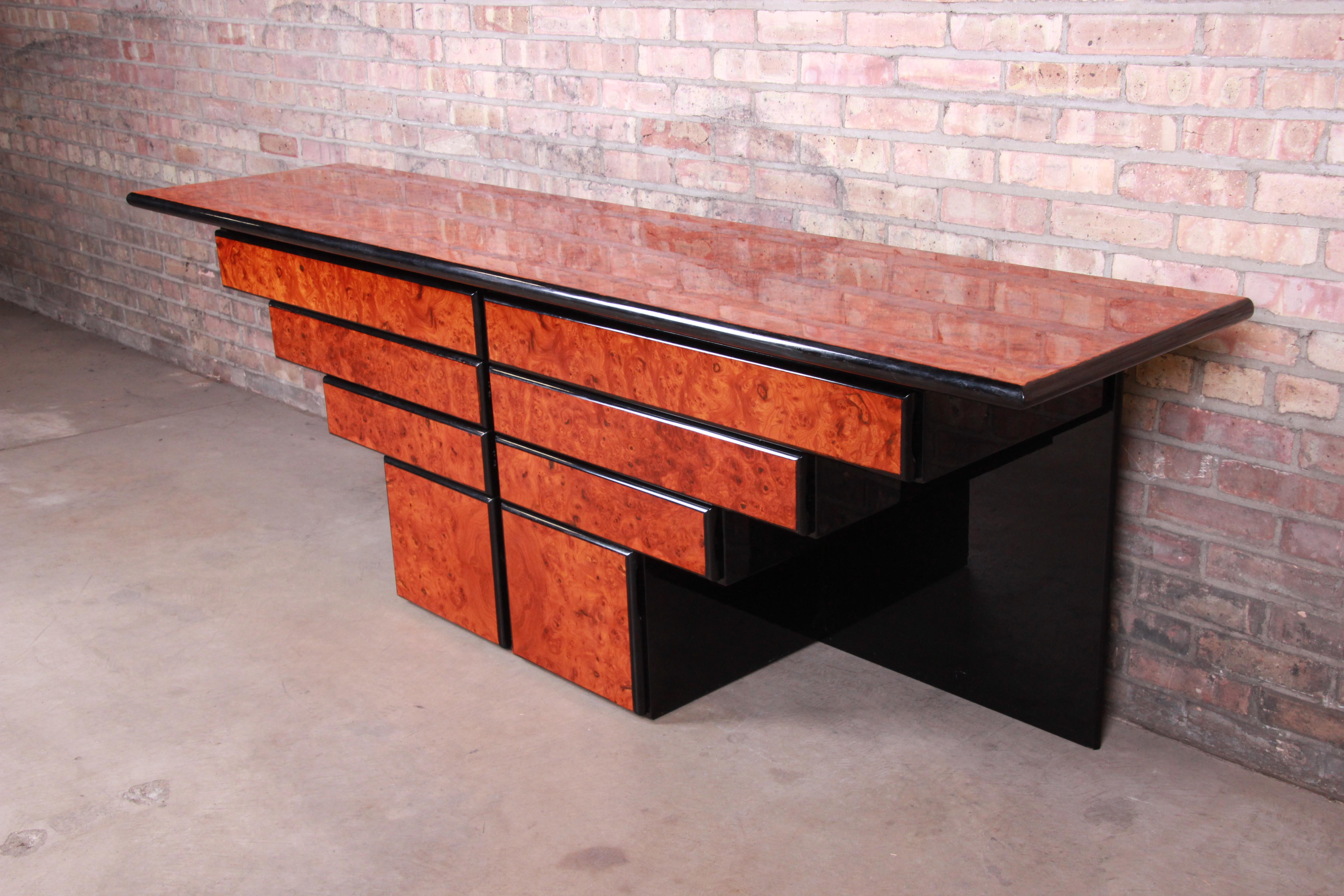 Roche Bobois Modern Art Deco Burl Wood and Black Lacquer Sideboard Credenza In Good Condition In South Bend, IN