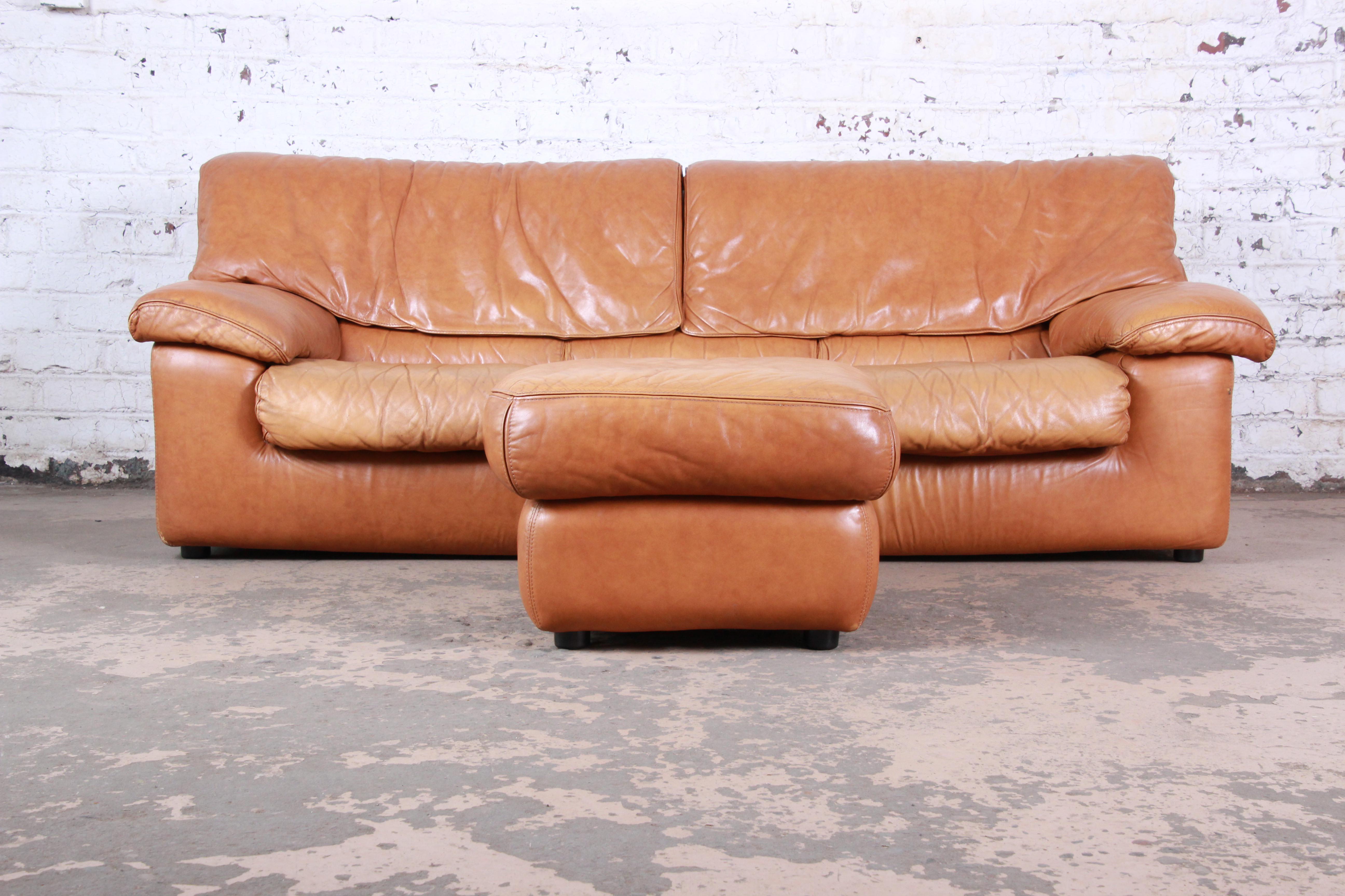 Mid-Century Modern Roche Bobois Modern Brown Leather Sofa and Ottoman, France, 1970s