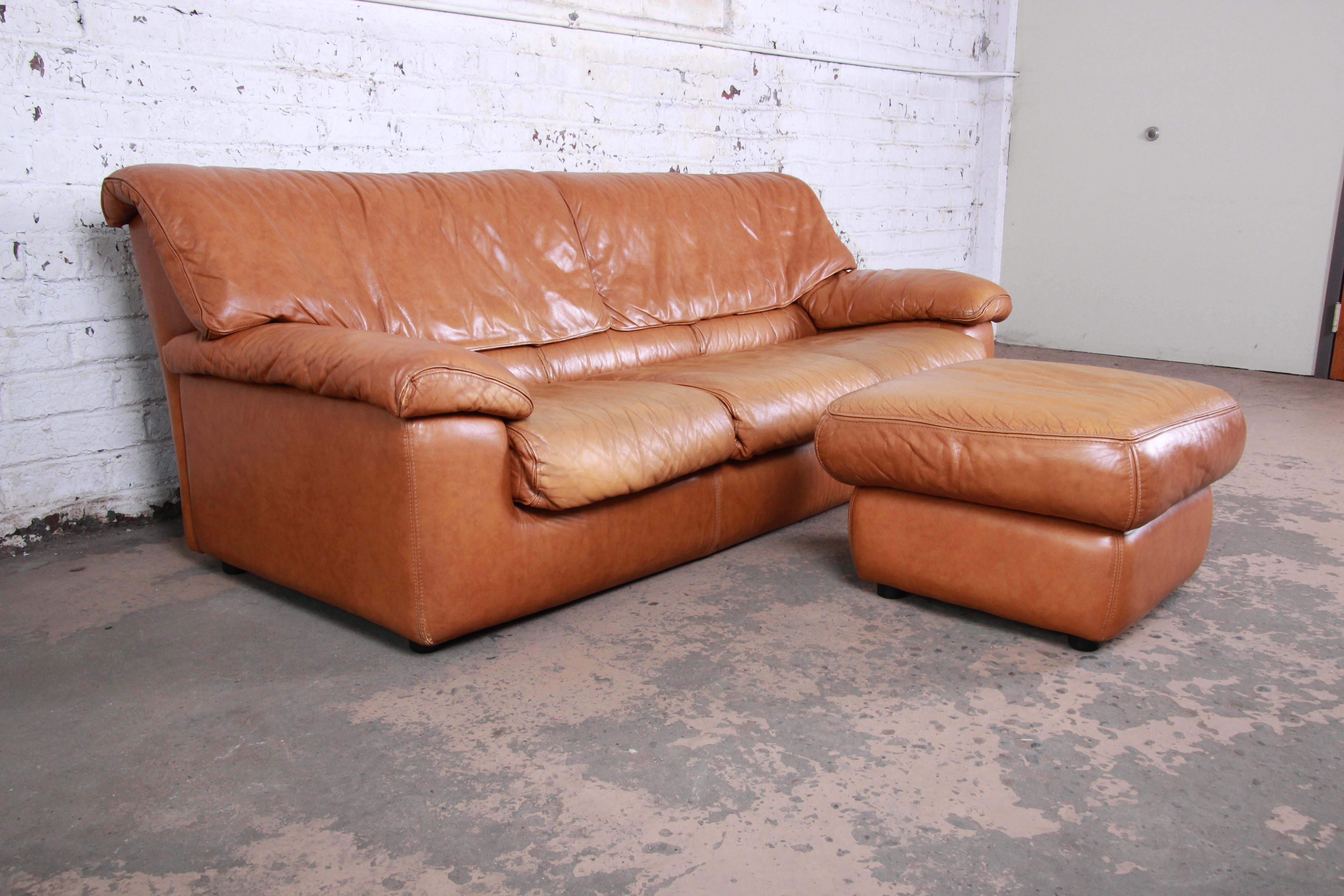 French Roche Bobois Modern Brown Leather Sofa and Ottoman, France, 1970s