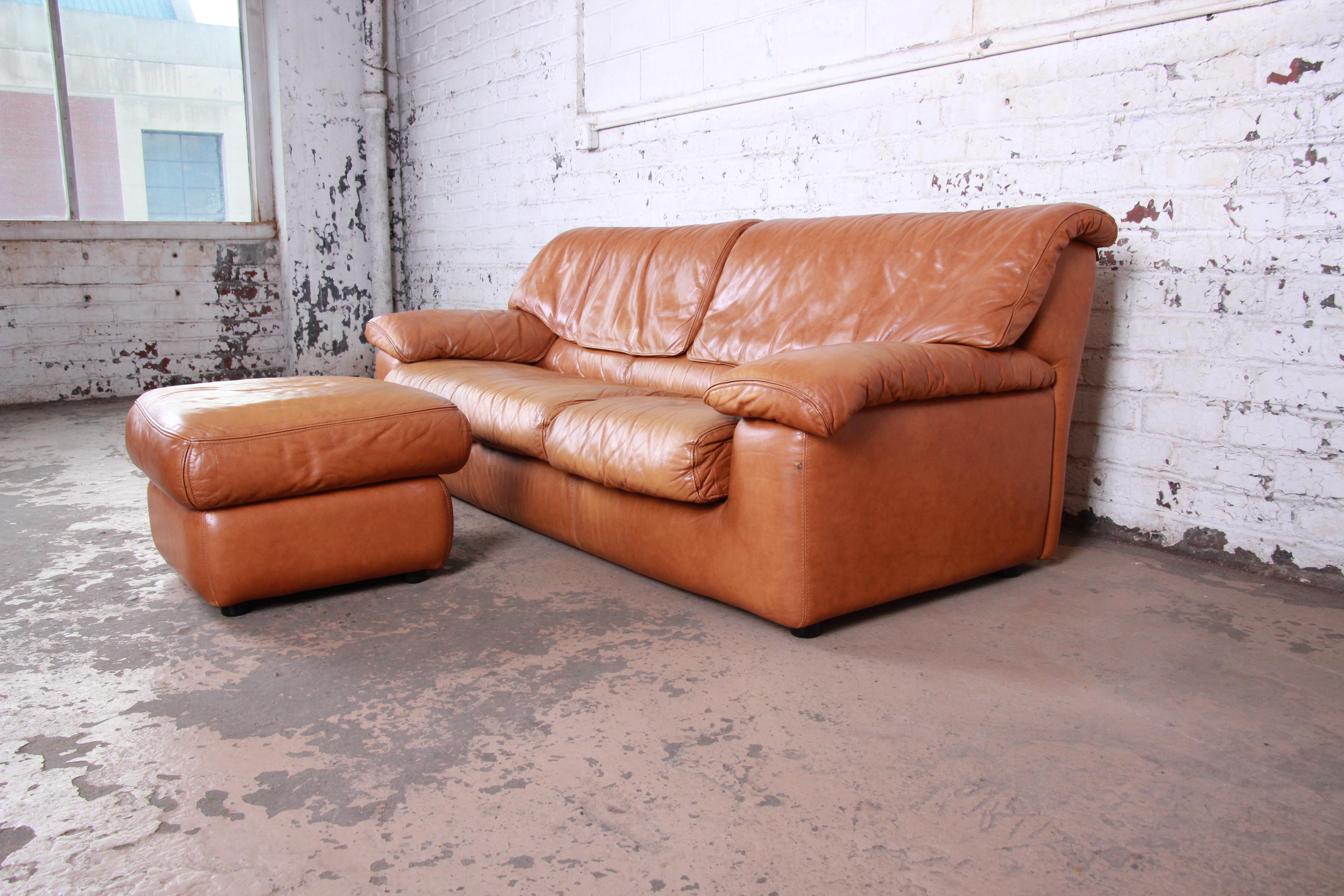 Roche Bobois Modern Brown Leather Sofa and Ottoman, France, 1970s In Good Condition In South Bend, IN