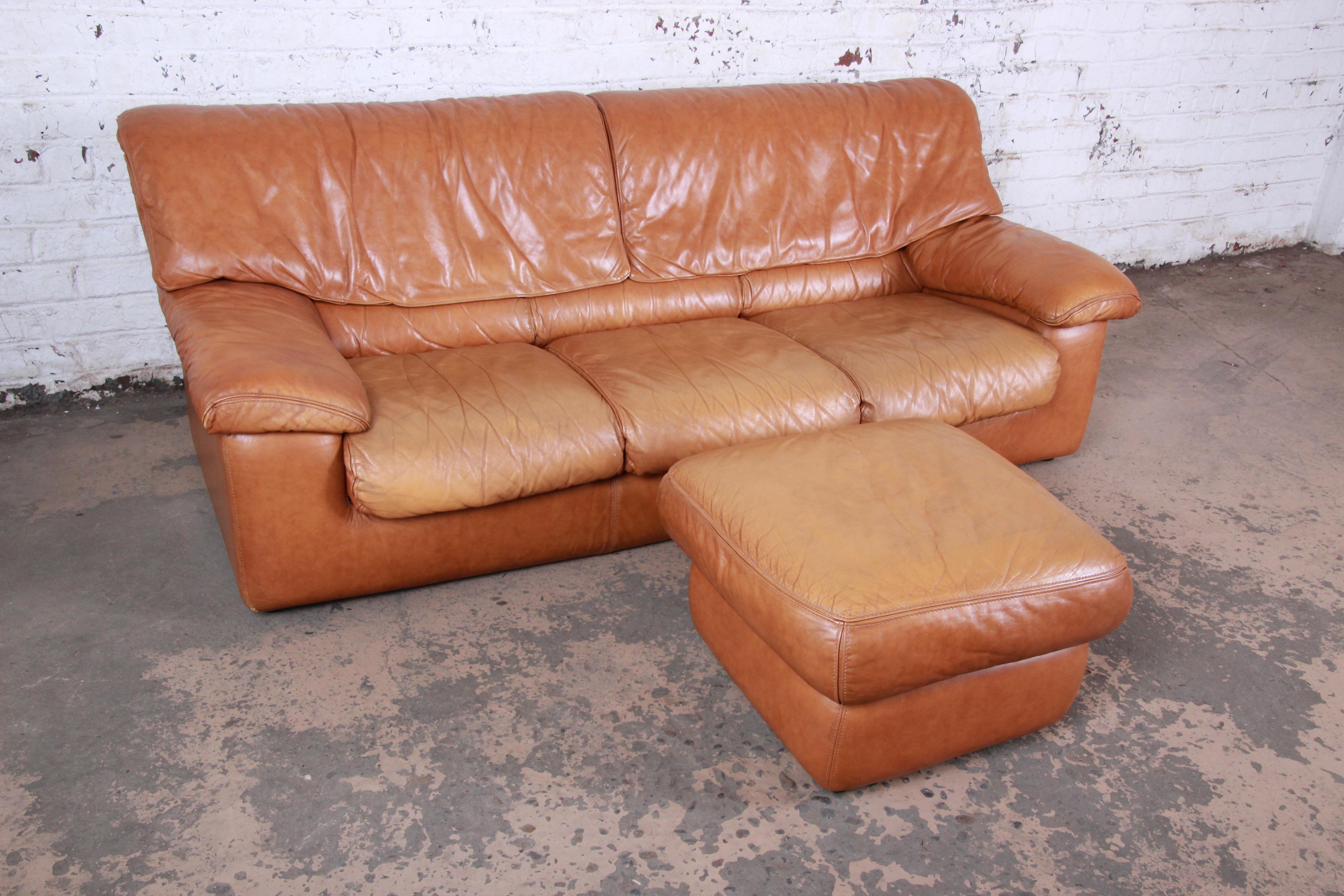 Late 20th Century Roche Bobois Modern Brown Leather Sofa and Ottoman, France, 1970s