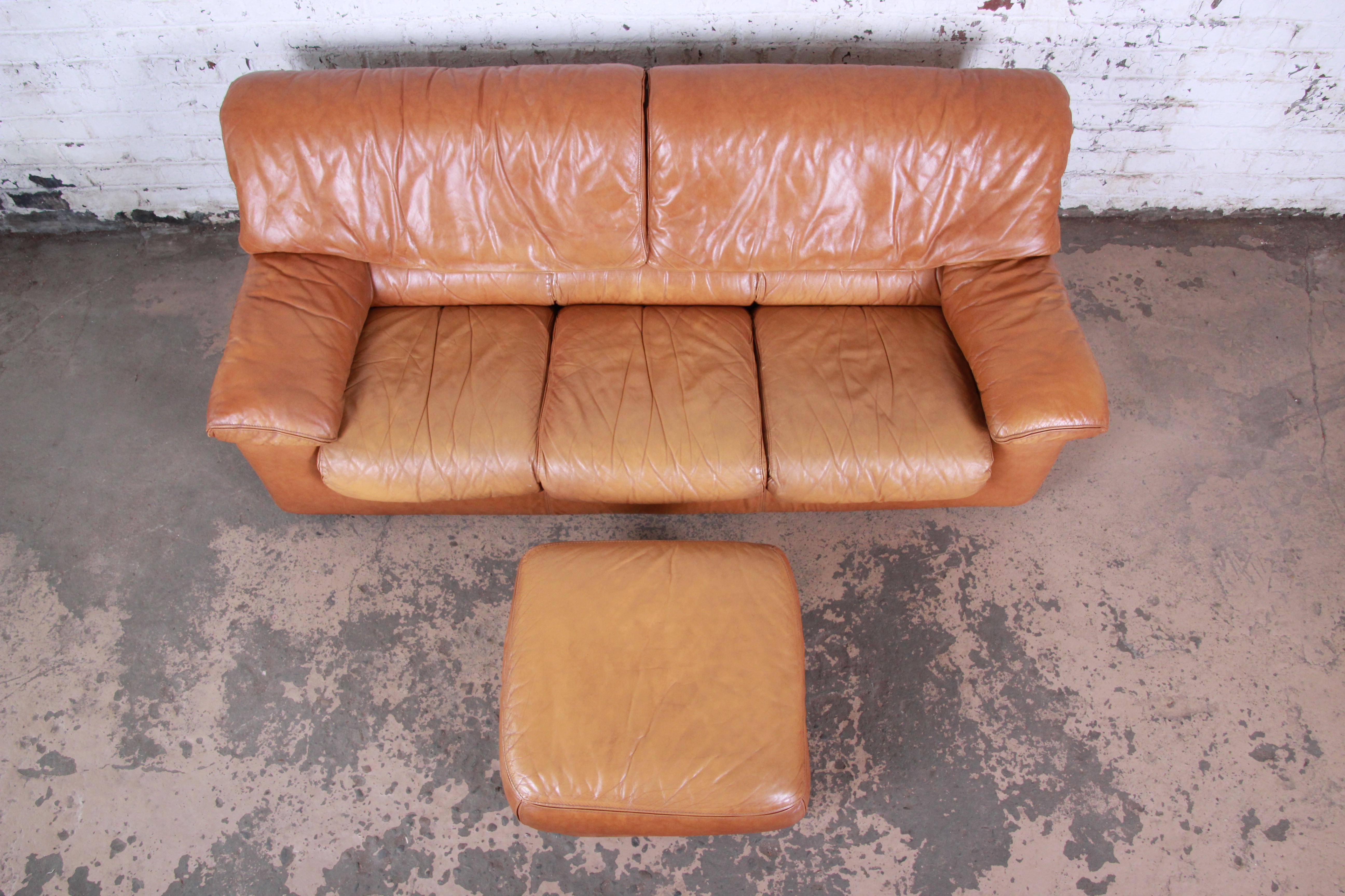 Roche Bobois Modern Brown Leather Sofa and Ottoman, France, 1970s 1