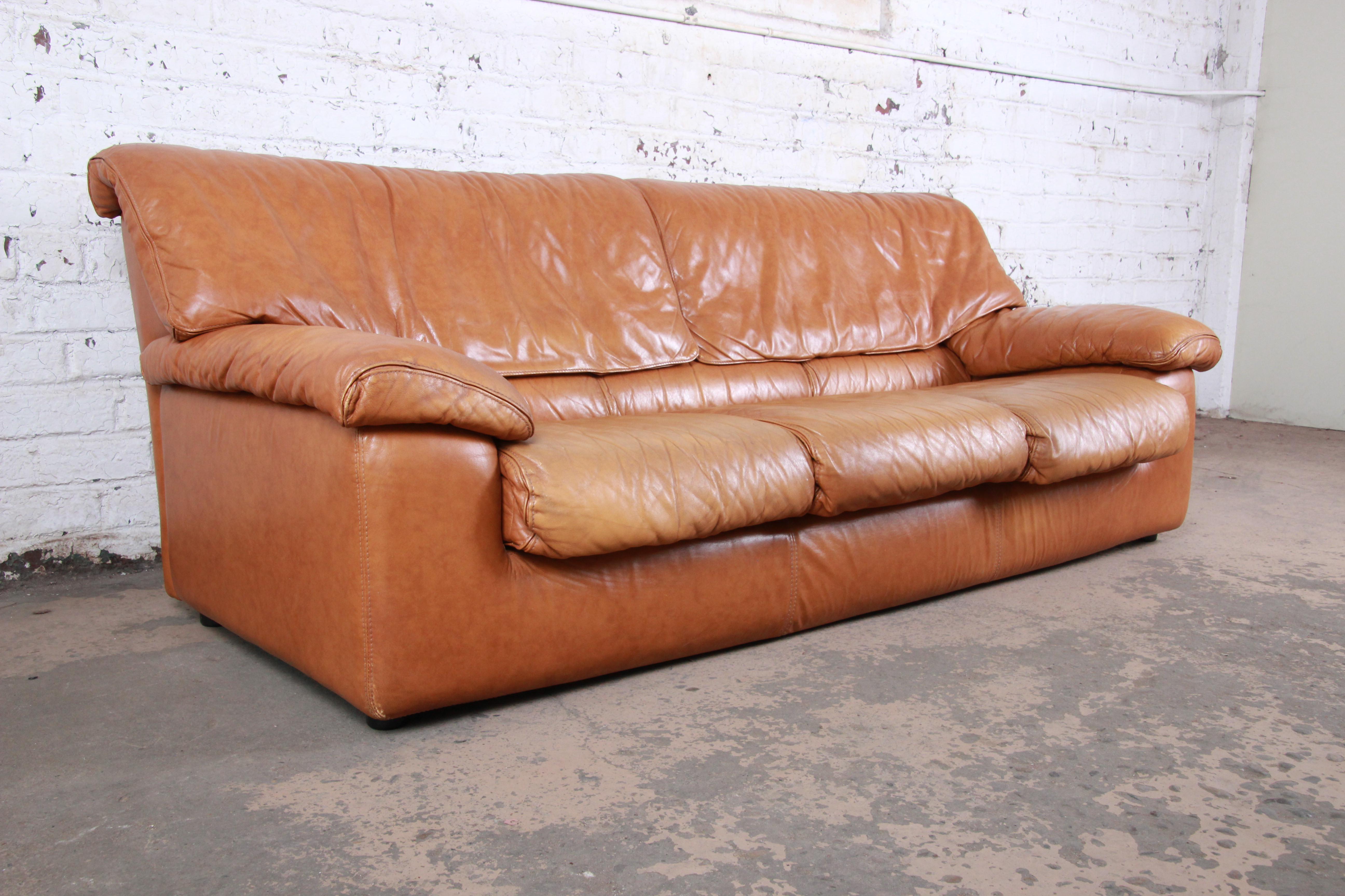 Roche Bobois Modern Brown Leather Sofa and Ottoman, France, 1970s 2