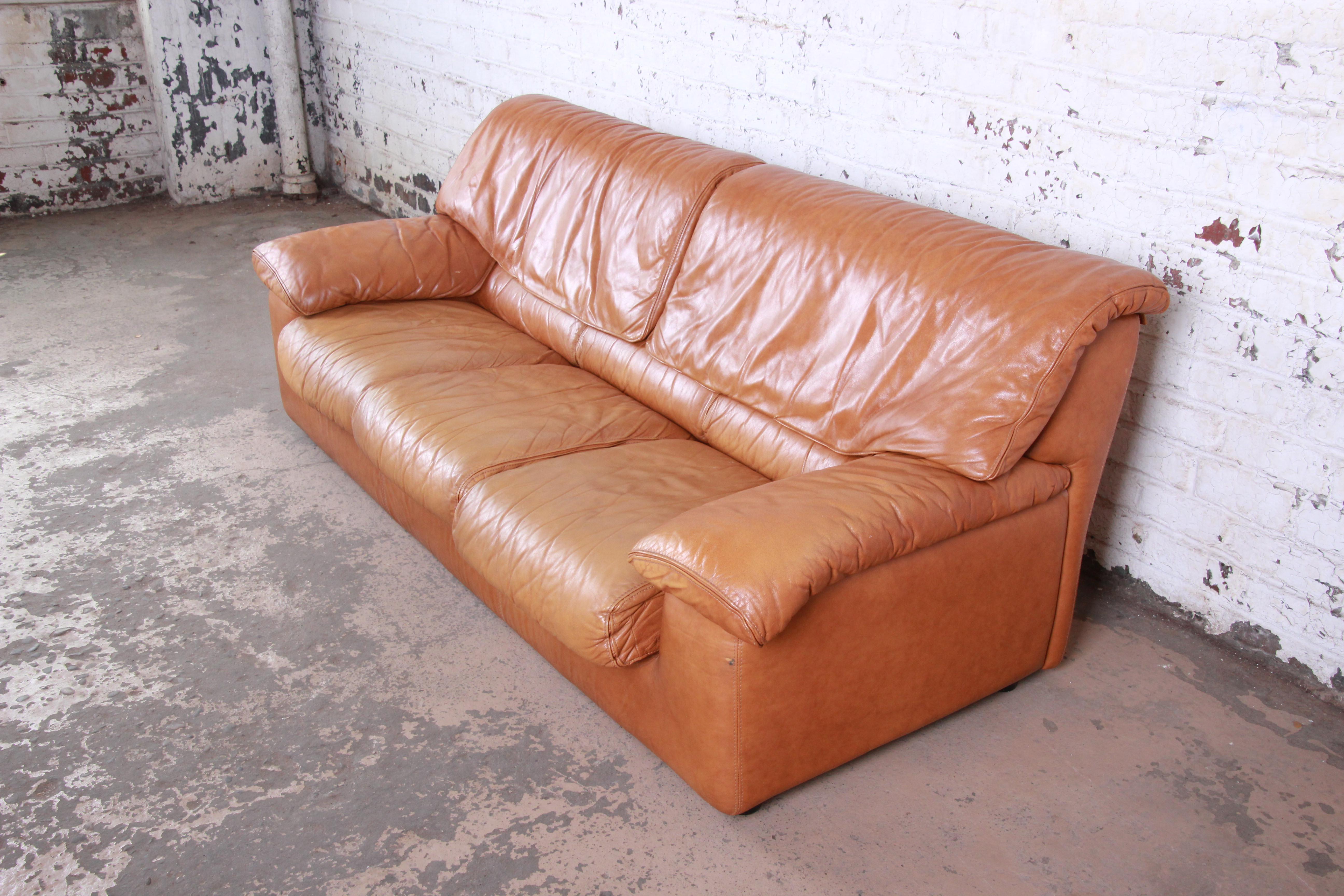 Roche Bobois Modern Brown Leather Sofa and Ottoman, France, 1970s 3