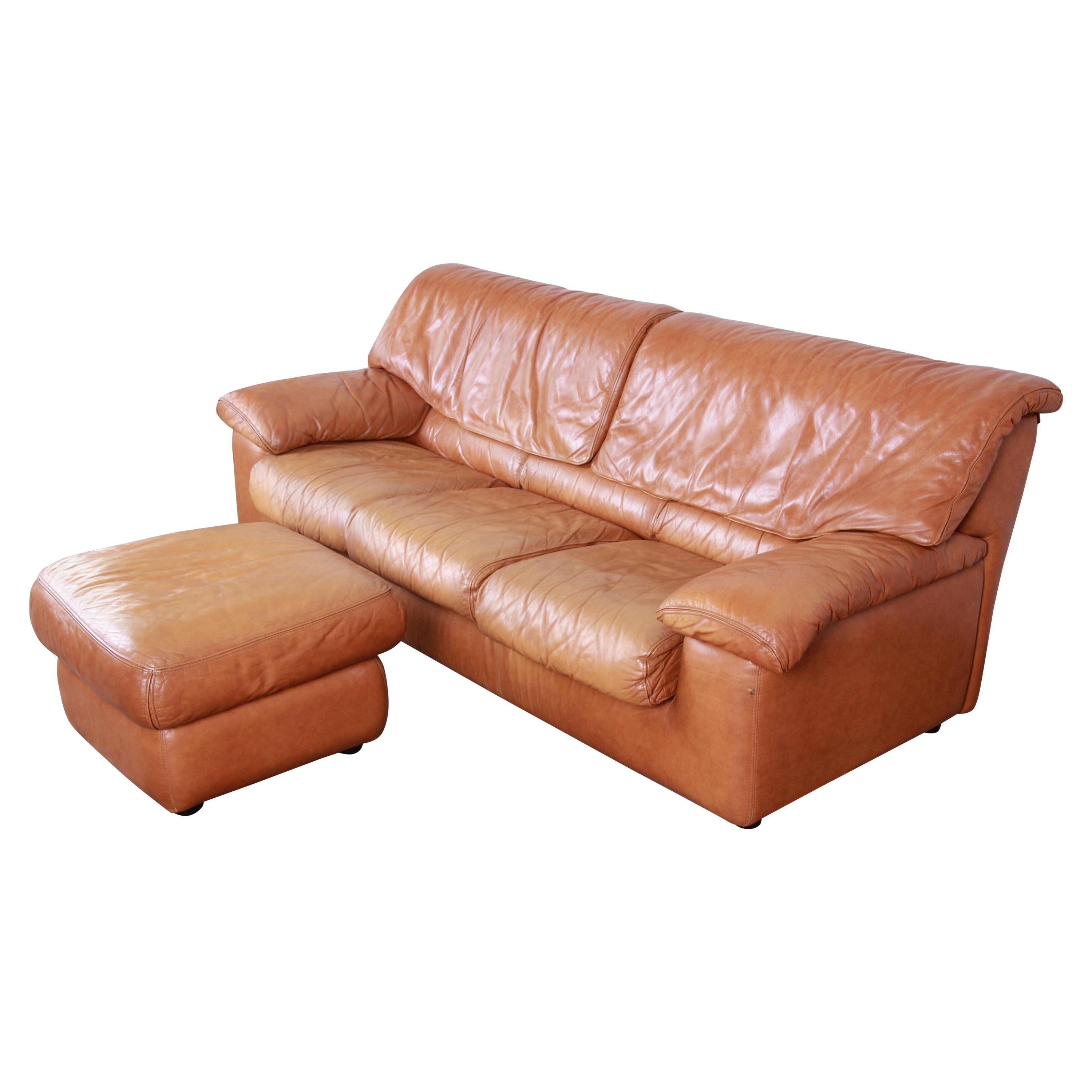 Roche Bobois Modern Brown Leather Sofa and Ottoman, France, 1970s