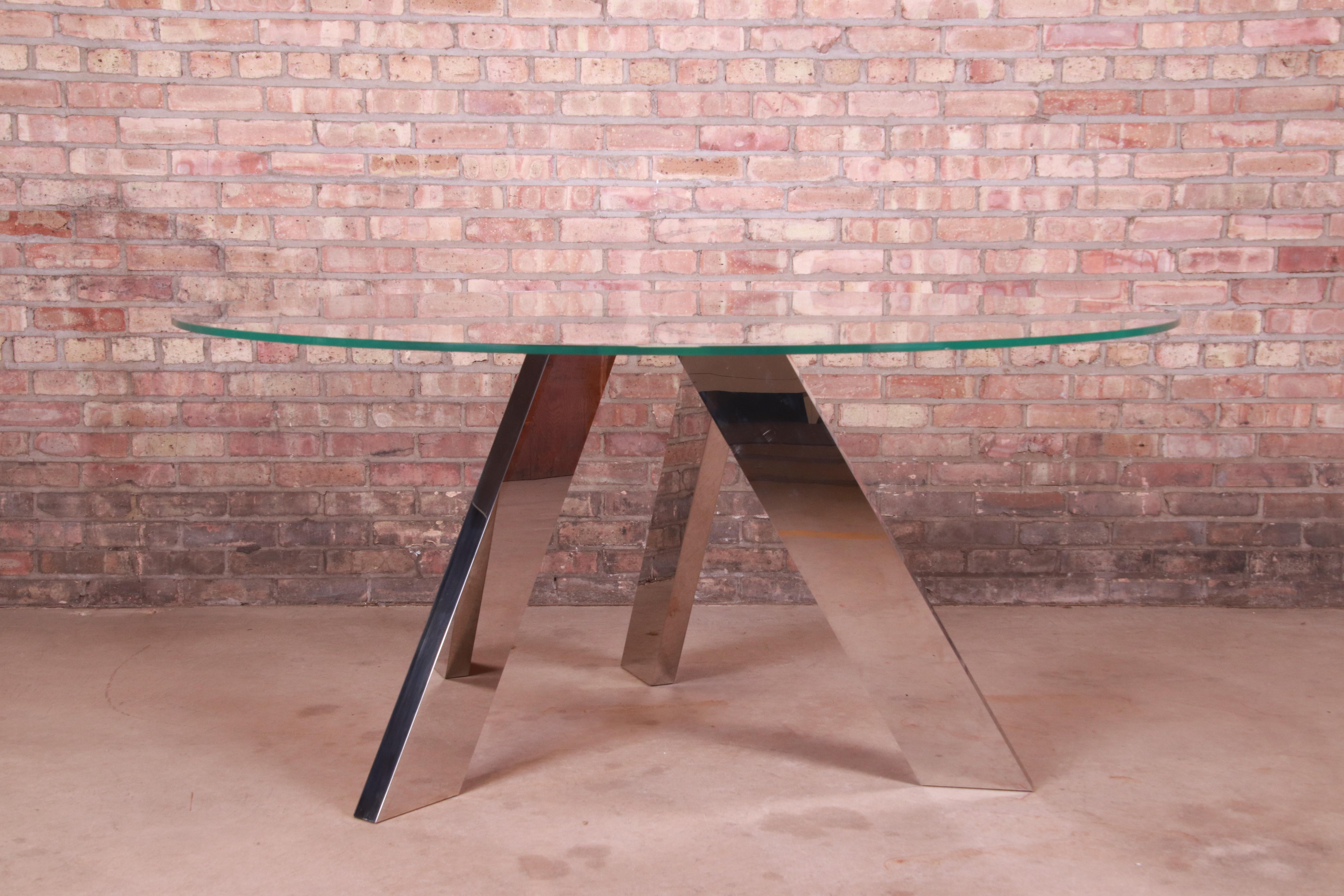 Roche Bobois Modern Glass Top Dining Table with Sculptural Mirrored Chrome Legs In Good Condition In South Bend, IN