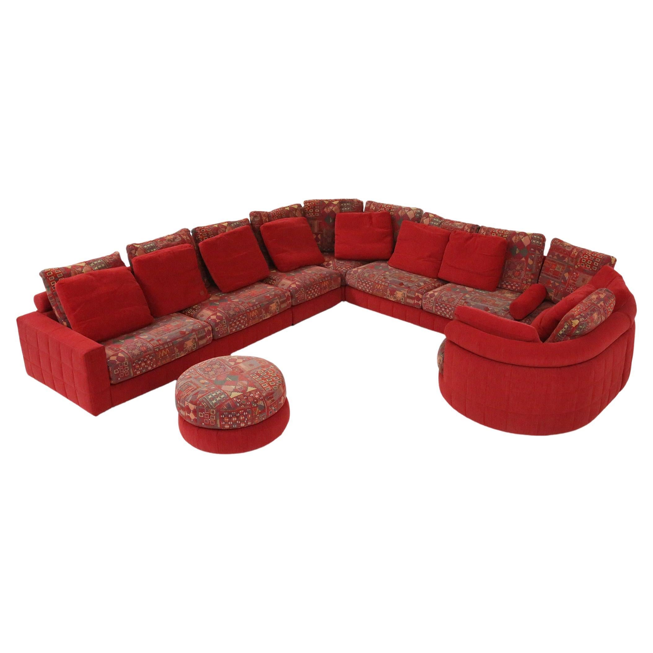 Roche Bobois modular sofa in red and patterned upholstery 1980 For Sale