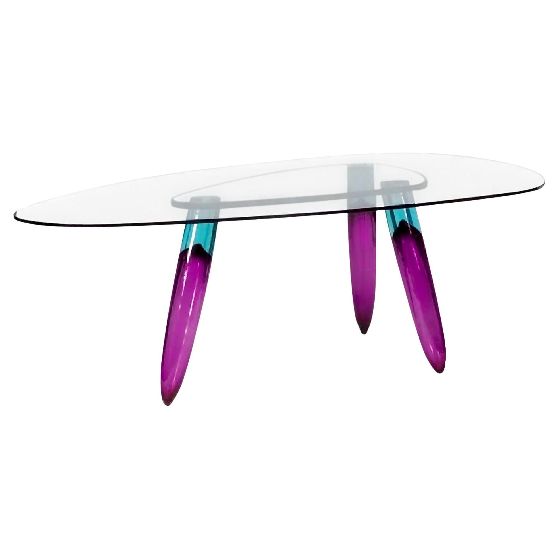 Roche Bobois Murano Art Glass Dining Table by Maurice Barilone, Purple & Blue, A Murano dining table designed by Maurice Barilone for Roche Bobois, Paris, having three legs in two-tone blown glass, signed at the base of one leg, measures: height