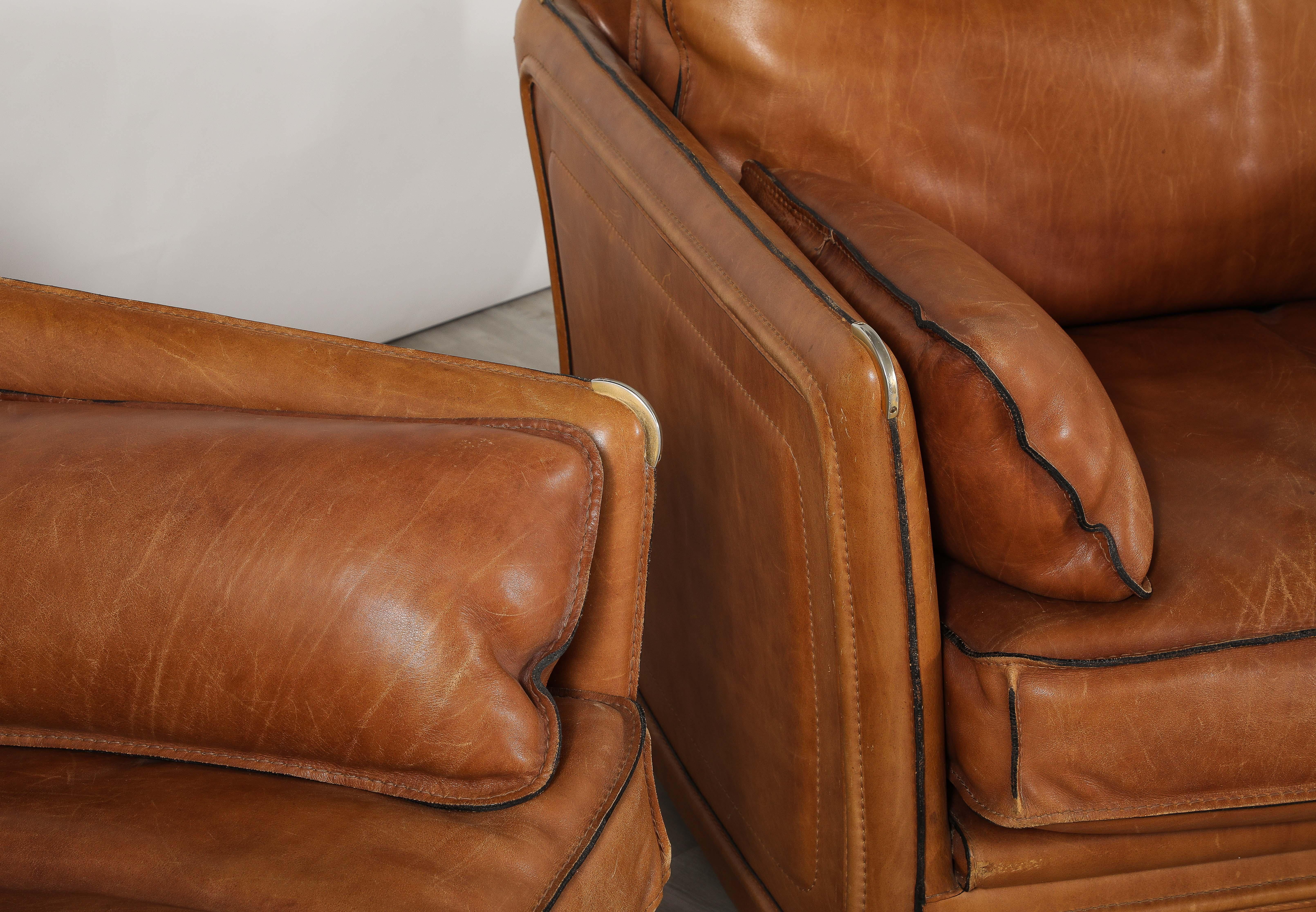 Roche Bobois Pair of Leather Lounge Chairs, circa 1970  In Good Condition For Sale In New York, NY