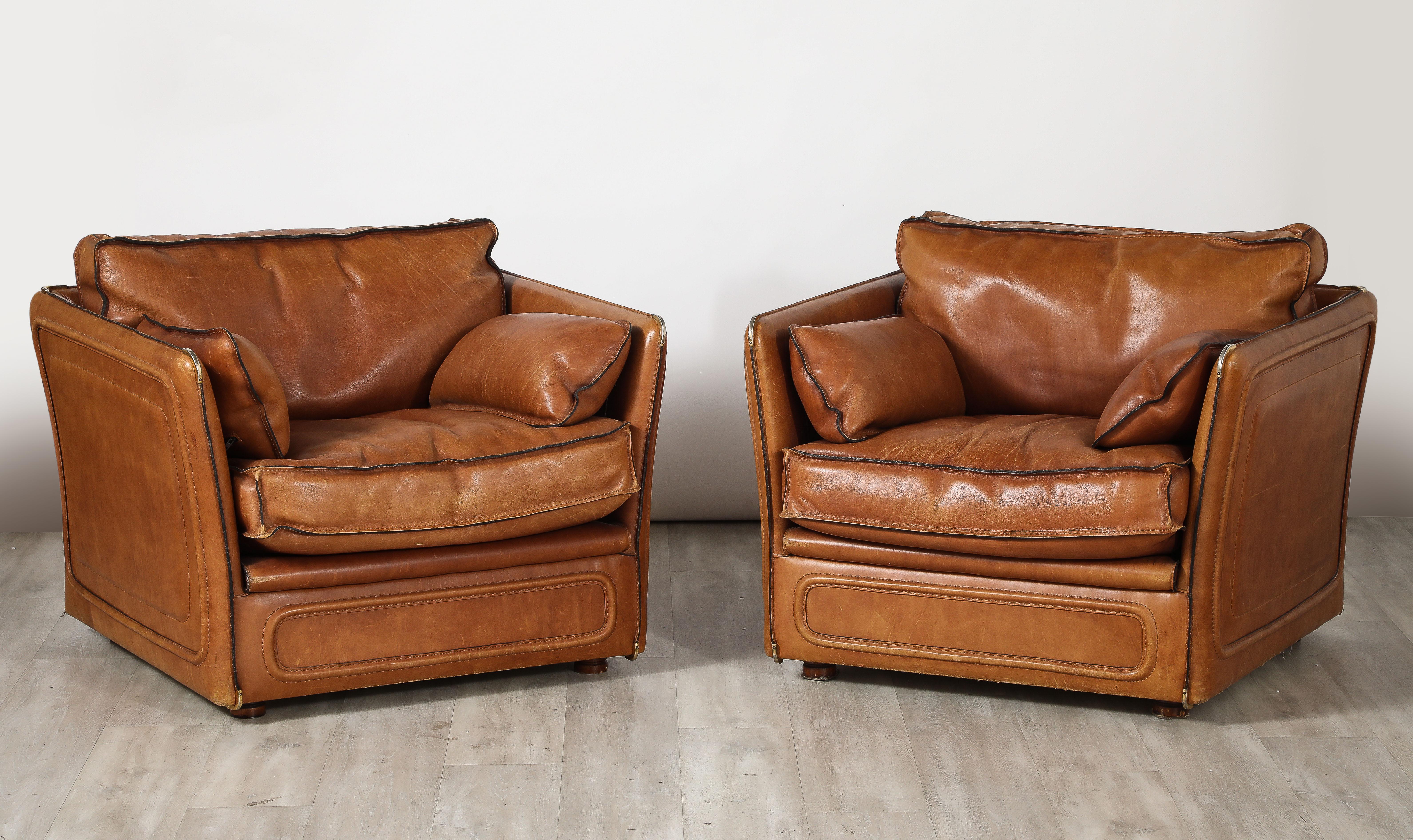 Late 20th Century Roche Bobois Pair of Leather Lounge Chairs, circa 1970  For Sale