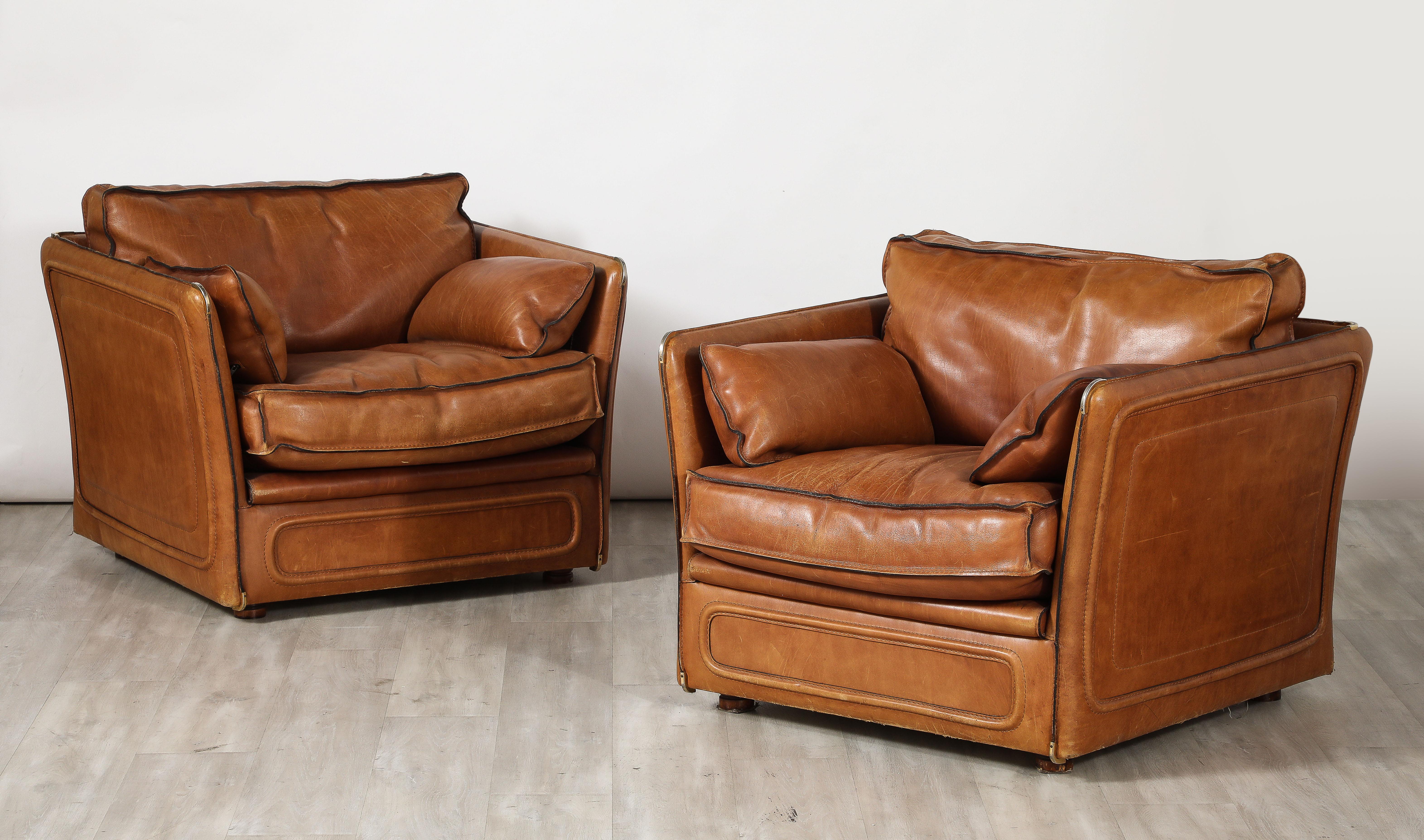 Roche Bobois Pair of Leather Lounge Chairs, circa 1970  For Sale 1