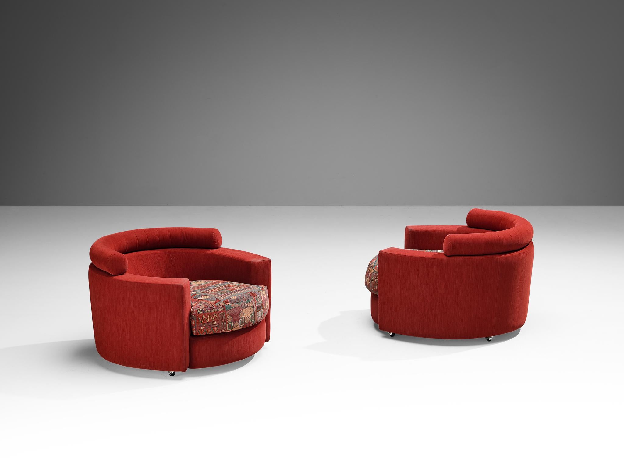 Post-Modern Roche Bobois Pair of Lounge Chairs in Red and Patterned Upholstery For Sale