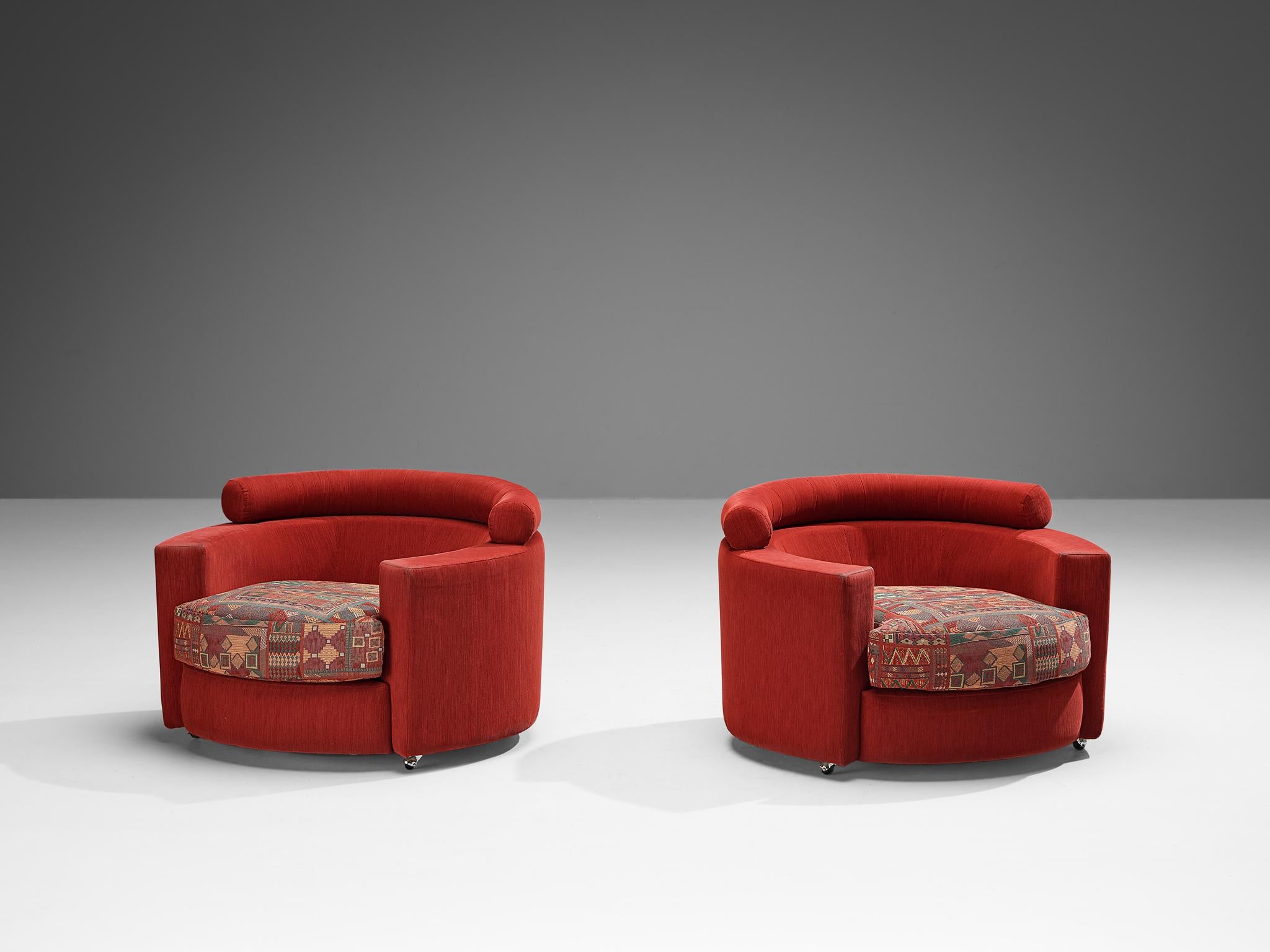 Fabric Roche Bobois Pair of Lounge Chairs in Red and Patterned Upholstery For Sale