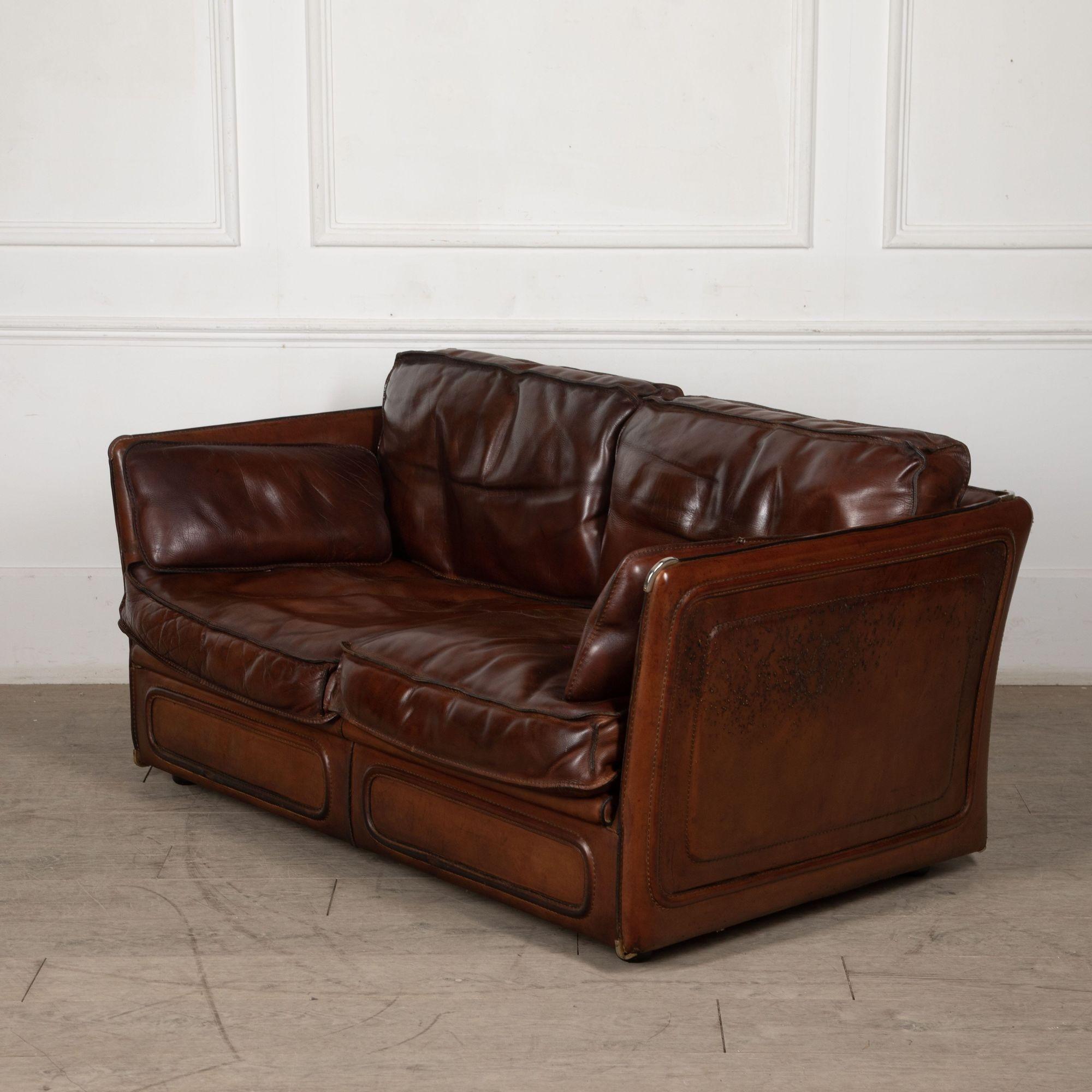 Mid-Century Modern Roche Bobois Saddle Leather Sofa After Hermes For Sale