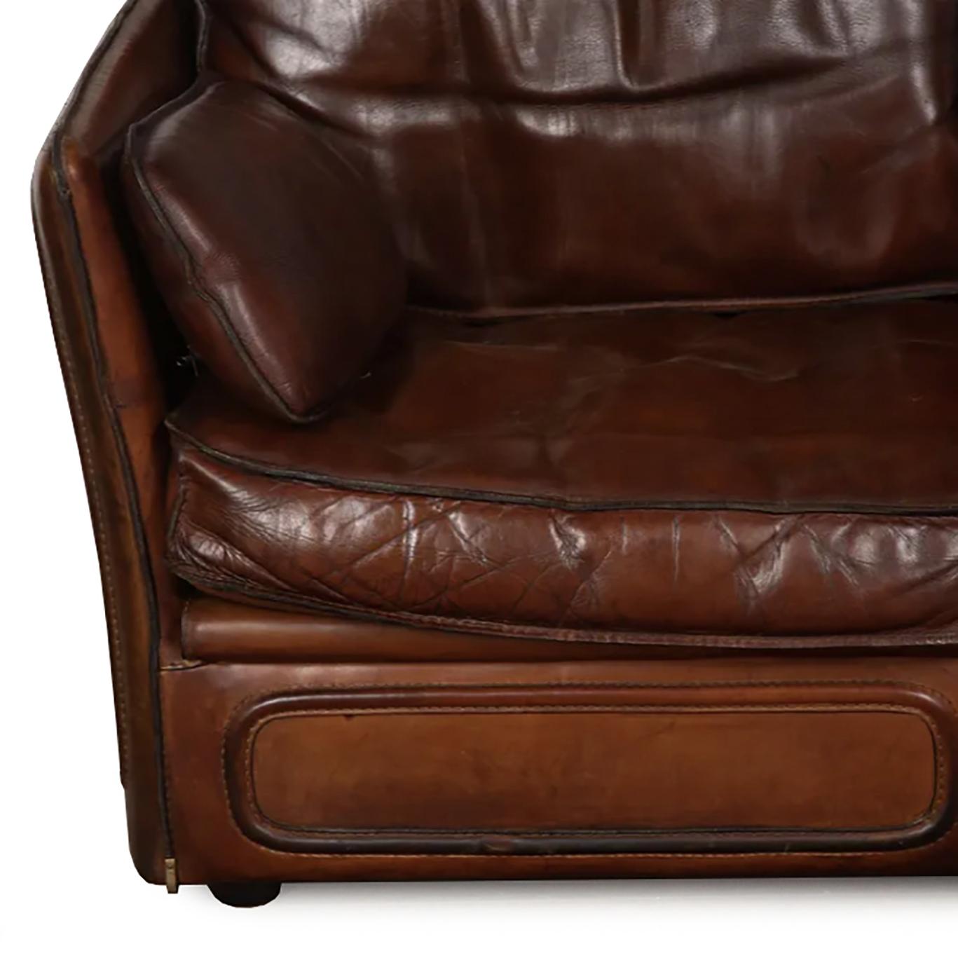French Roche Bobois Saddle Leather Sofa After Hermes For Sale