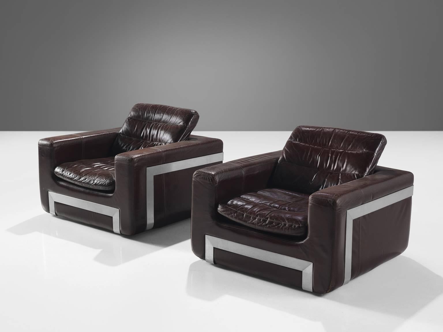 Post-Modern Roche Bobois Pair of 'San Pietro' Original Leather Lounge Chairs 