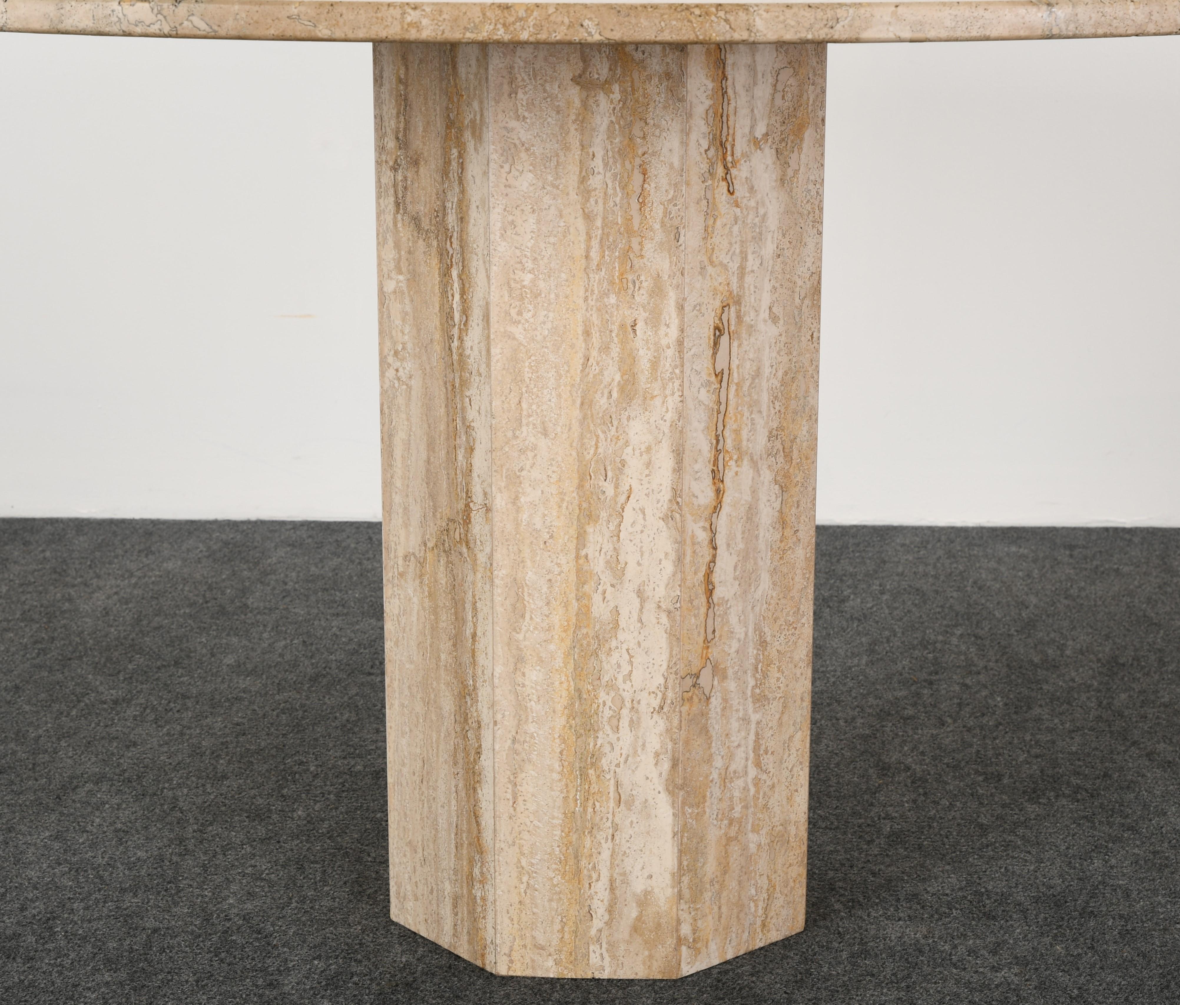 Italian Roche Bobois Style Round Travertine Marble Dining Table, 1970s