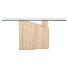 Roche Bobois Style Travertine Marble Wedge and Column Console Table, 1980s