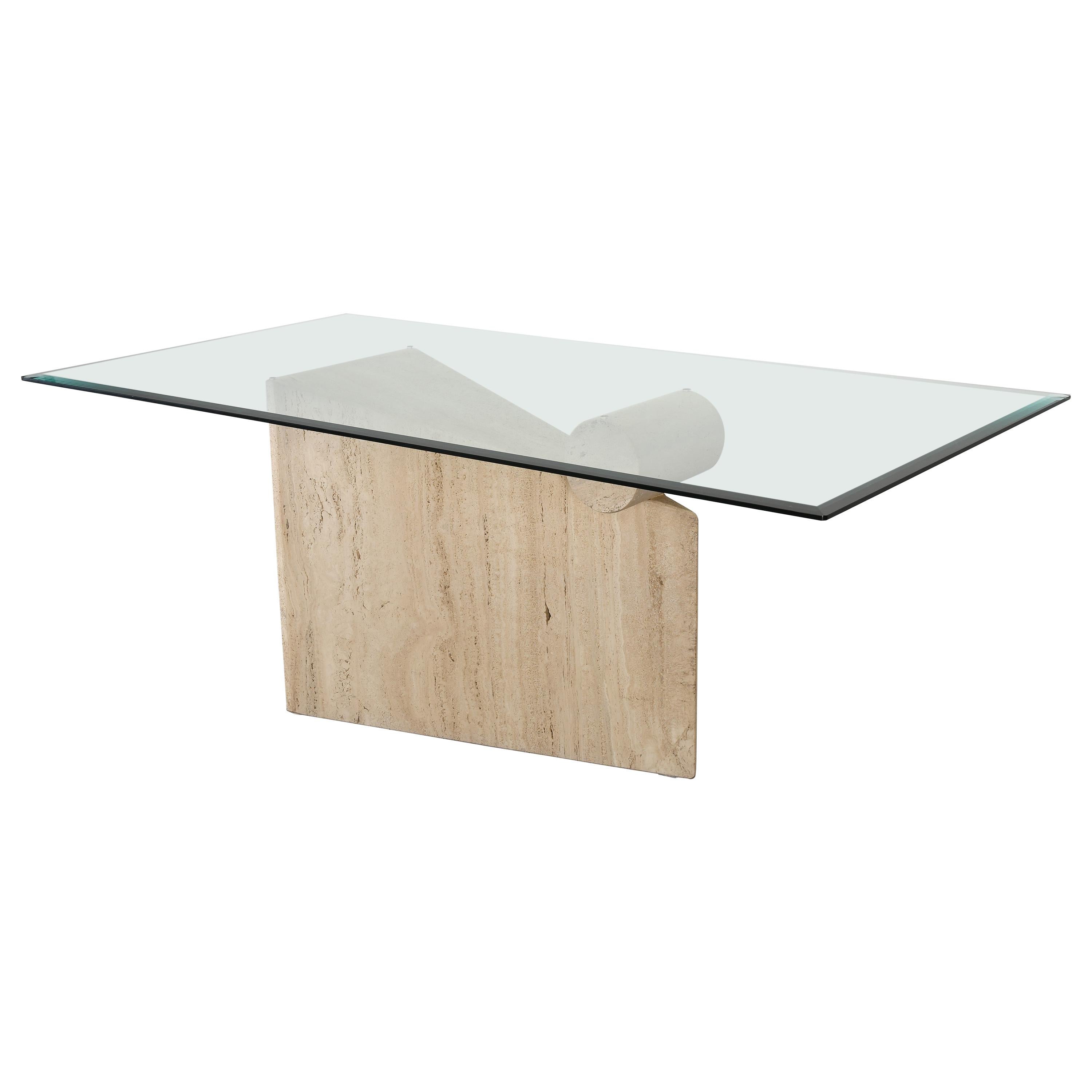 Roche Bobois Style Travertine Marble Wedge and Column Dining Table, 1980s