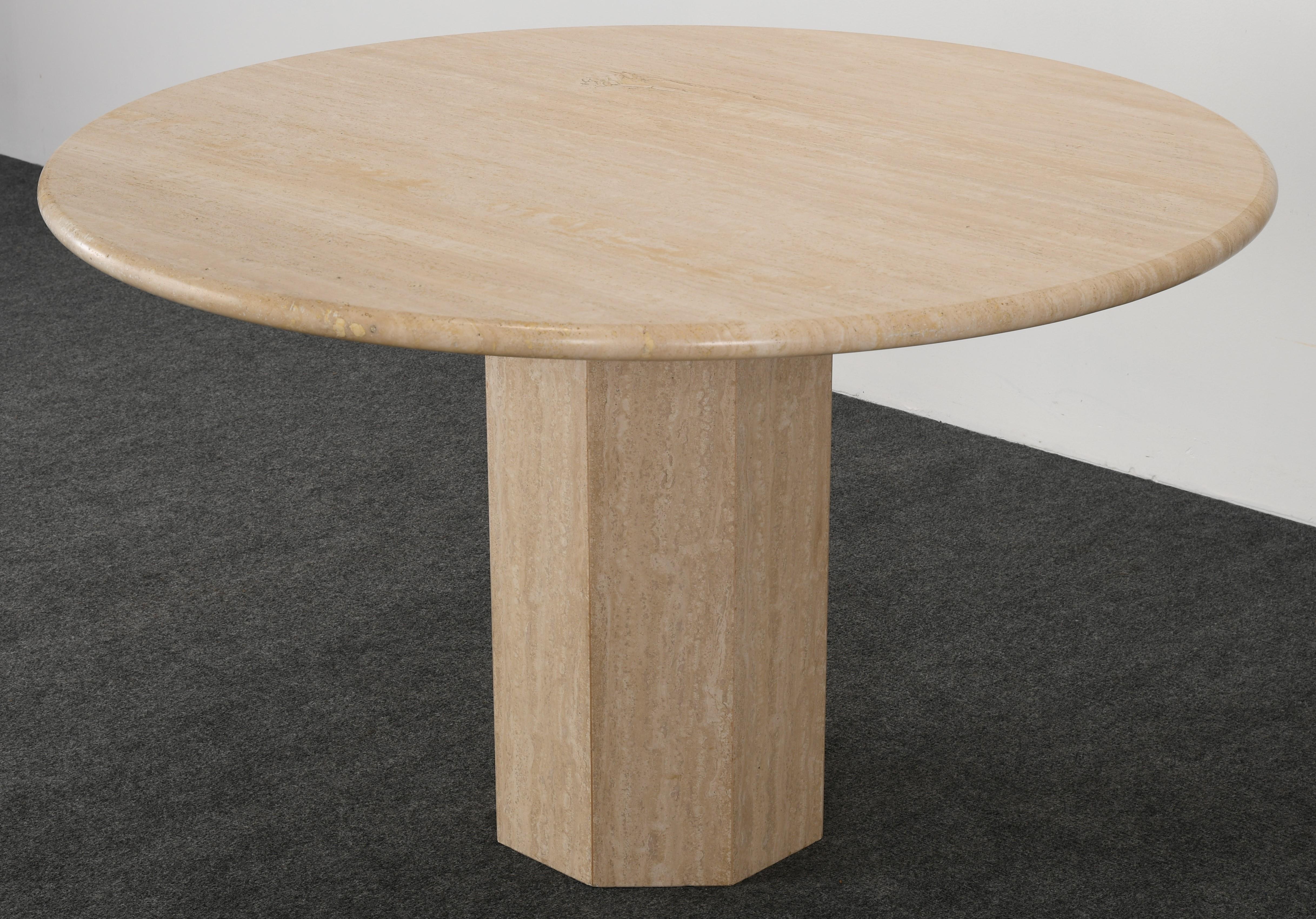 Italian Roche Bobois Style Travertine Round Dining Table, 1980s