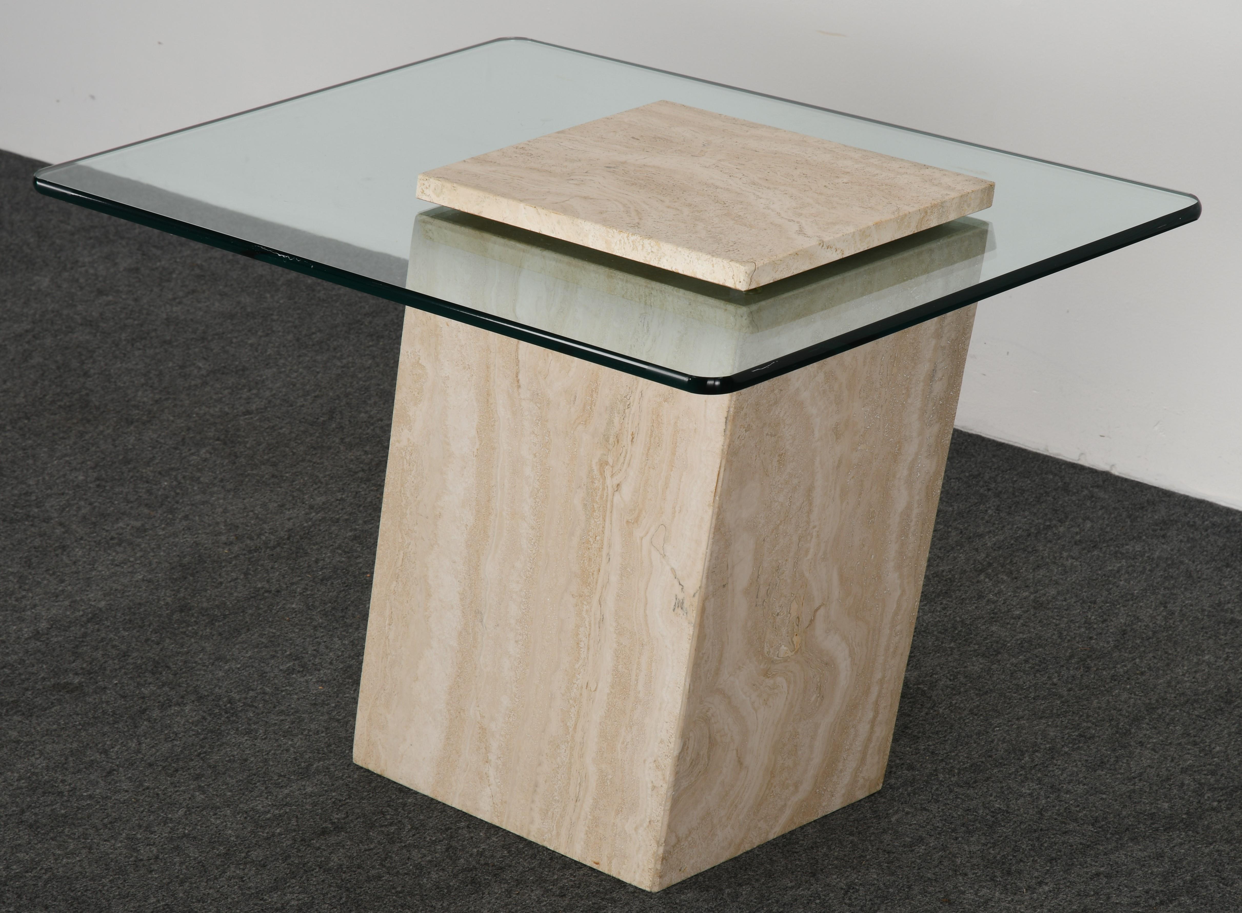 Minimalist Roche Bobois Style Travertine Side Table, 1980s