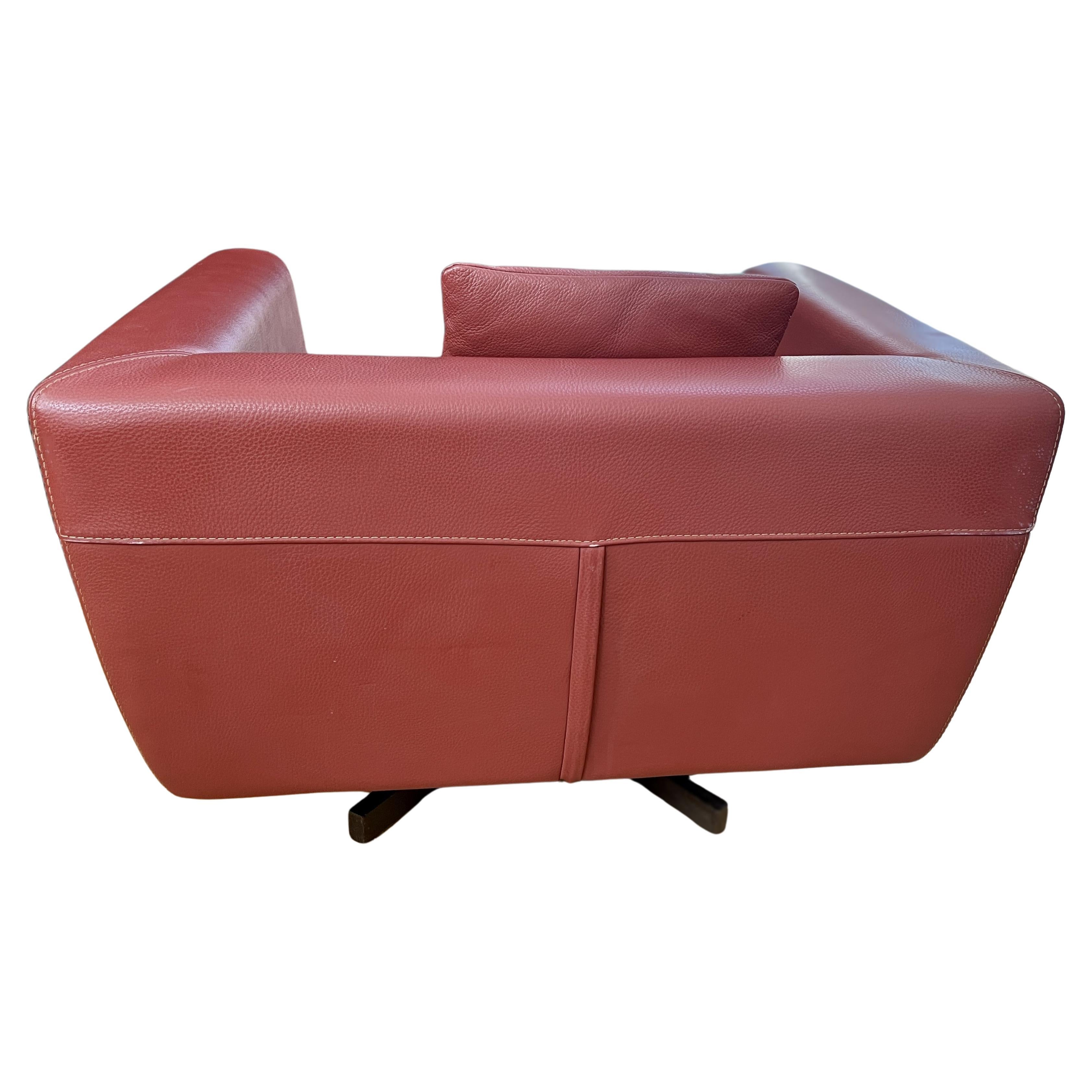 Roche Bobois Swivel Armchair in Brick Red Leather In Good Condition In Southampton, NJ