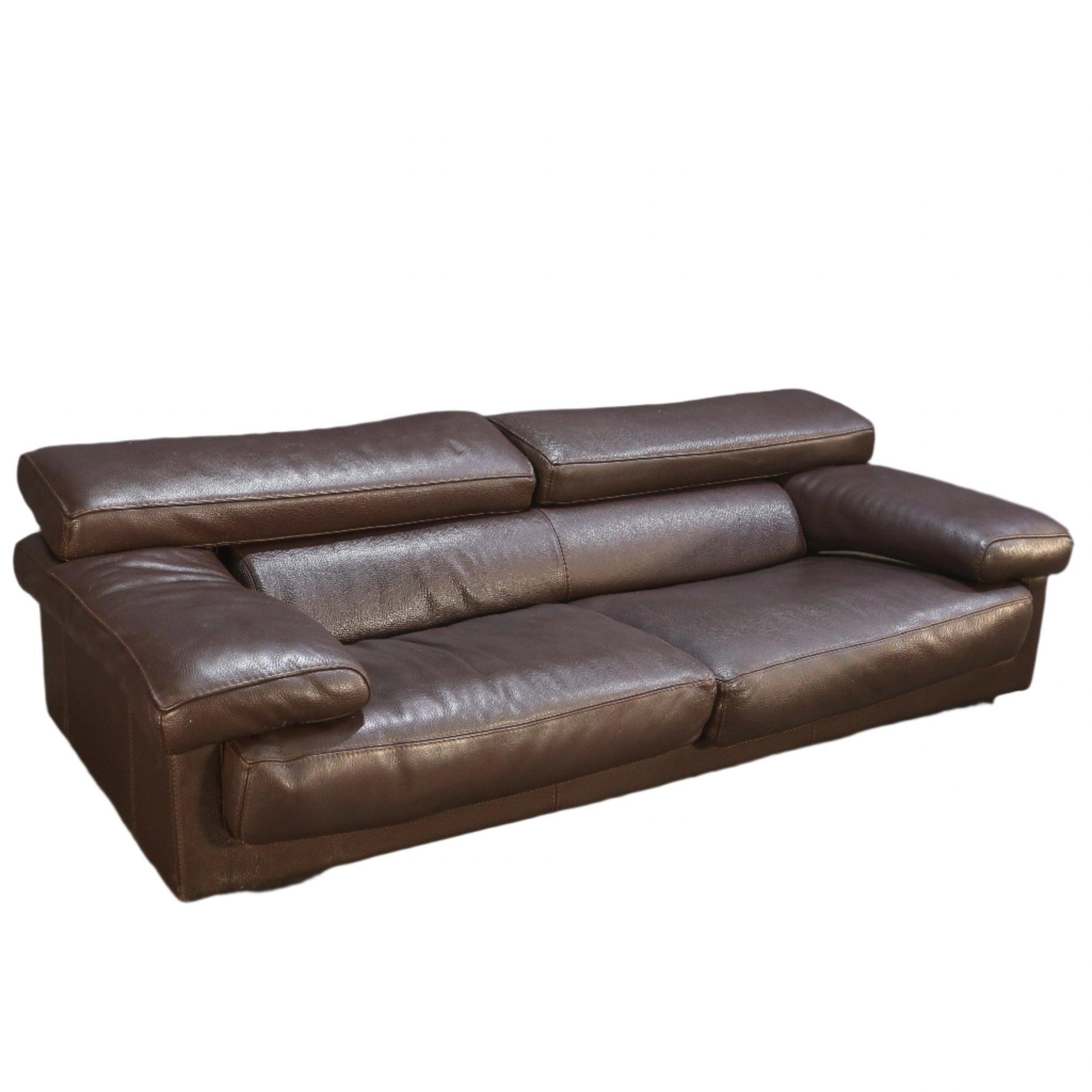 French Roche Bobois Three Seater Brown Leather Sofa