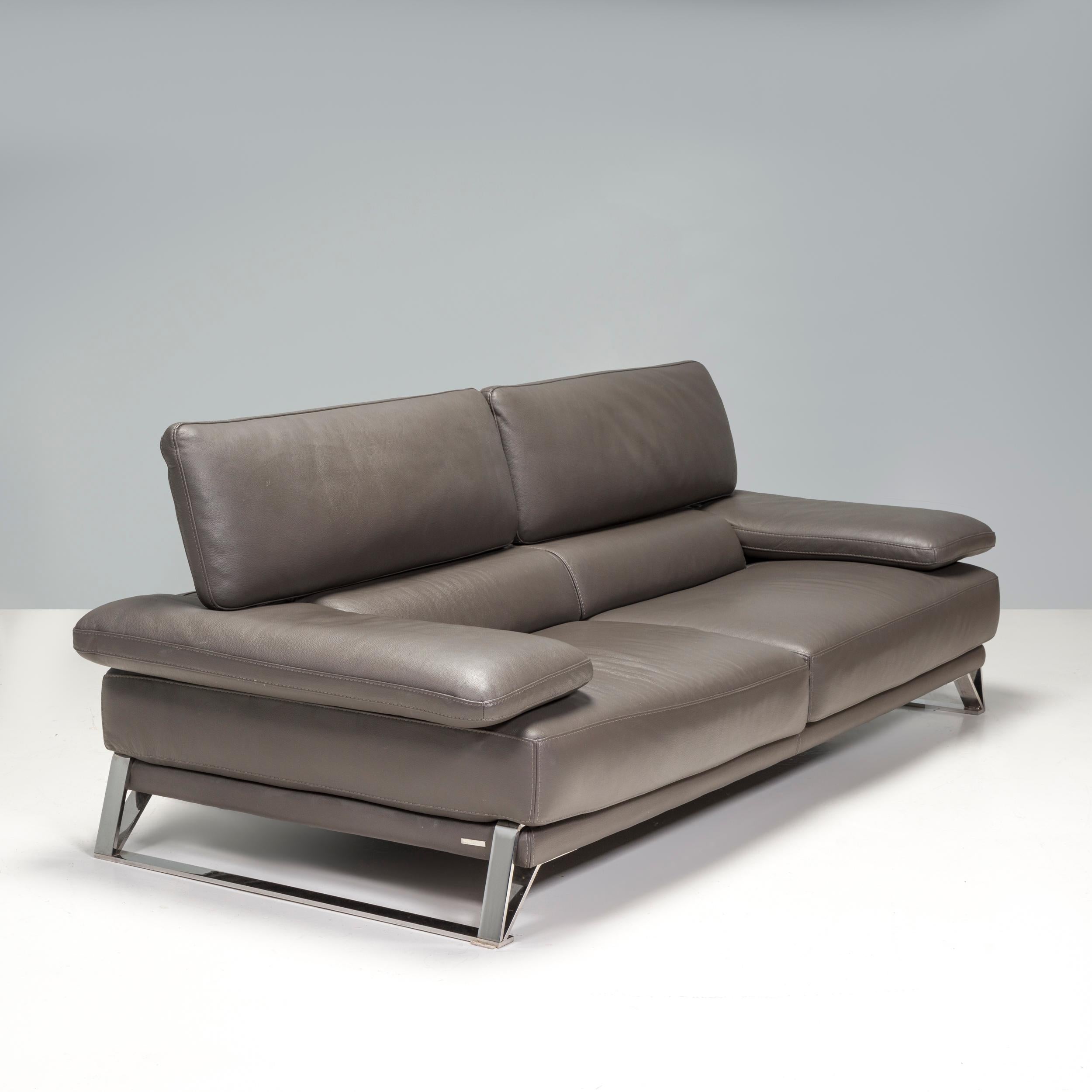 French Roche Bobois Three Seater Grey Leather Sofa, With Adjustable Backs