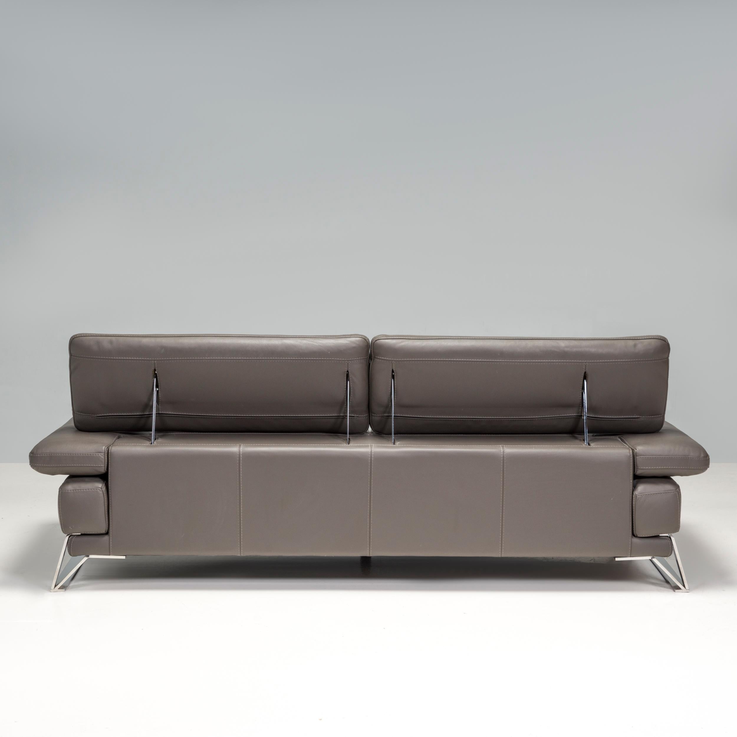 Contemporary Roche Bobois Three Seater Grey Leather Sofa, With Adjustable Backs