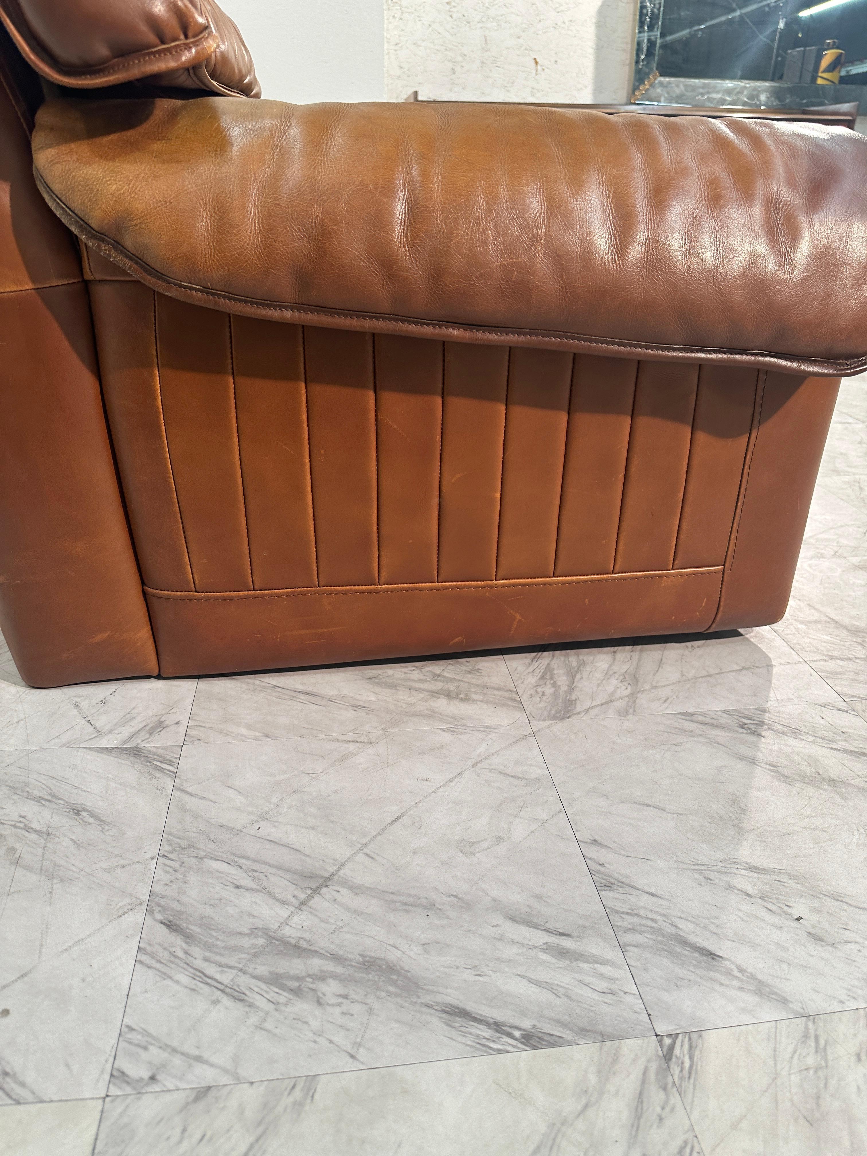 Cuir Roche Bobois Canapé Vintage trois places en cuir Light Brown 1980 en vente