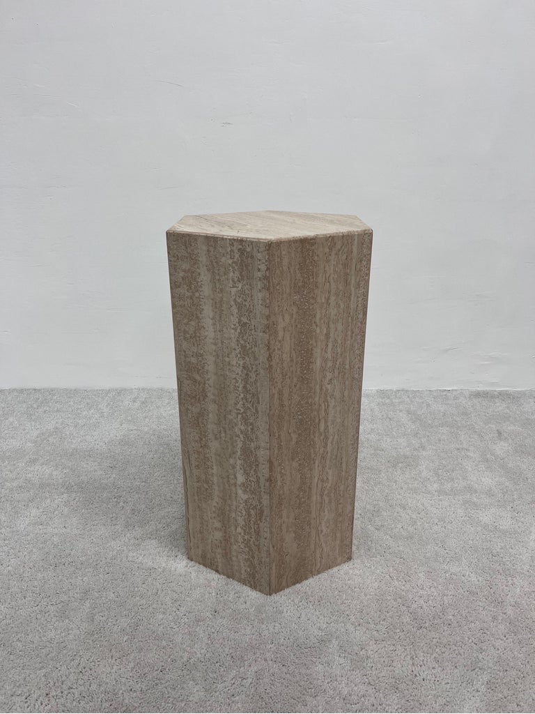 Italian polished travertine pedestal or small dining table base by Roche Bobois, 1980s.