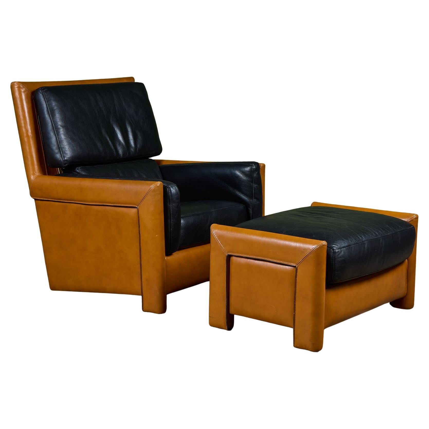 Roche Bobois Two-Tone Leather Lounge Chair and Ottoman