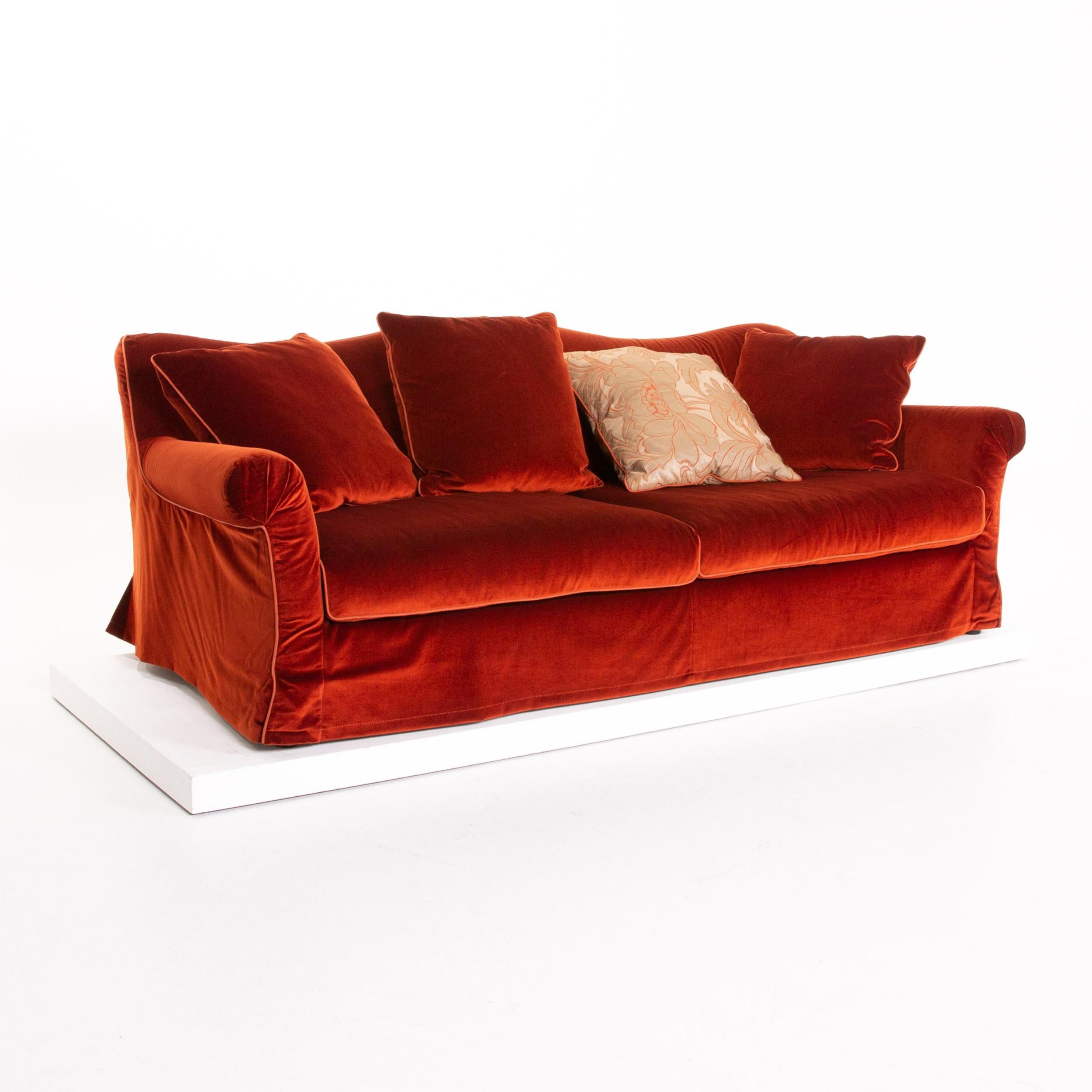 Roche Bobois Velvet Fabric Red Orange Three-Seat Couch 1