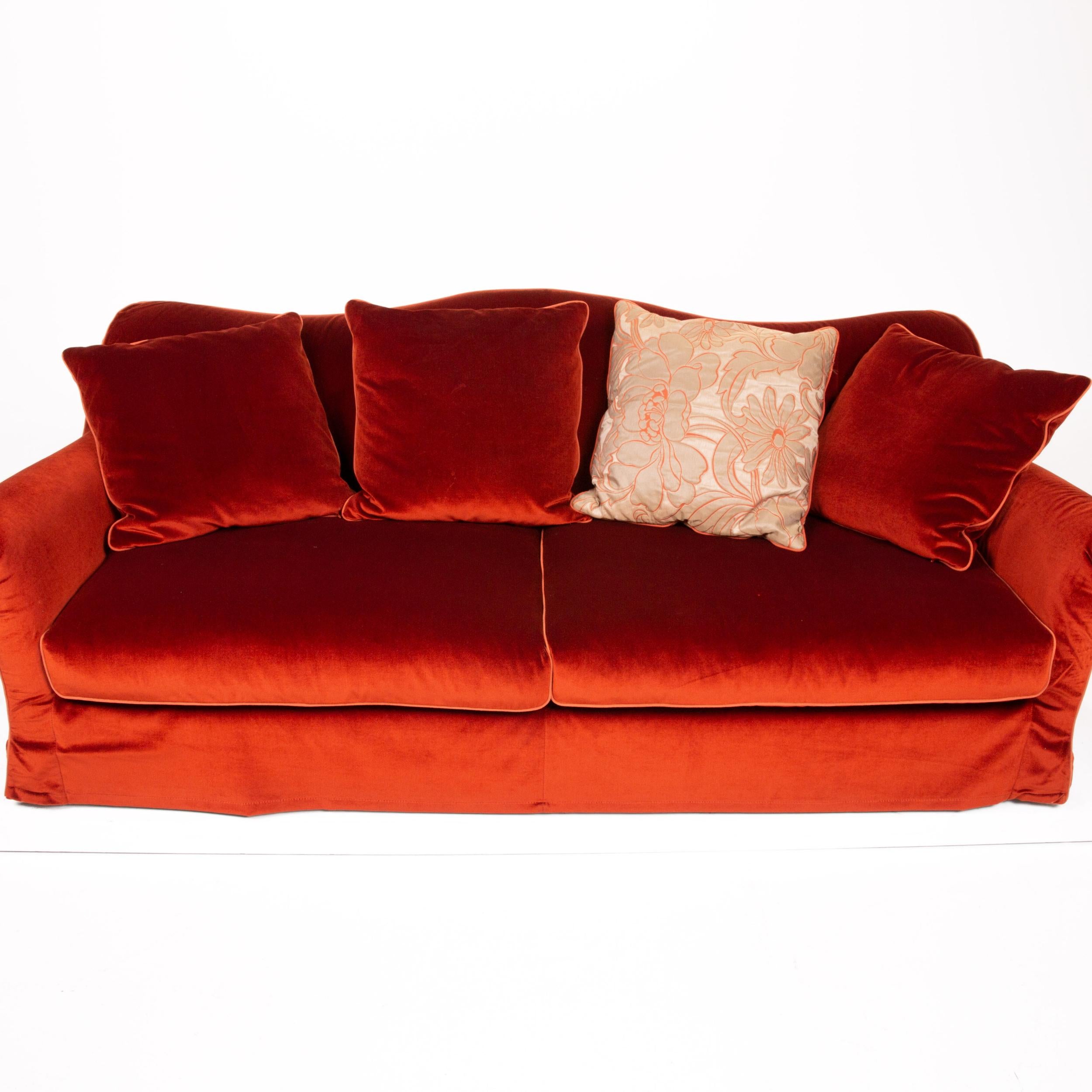 Roche Bobois Velvet Fabric Red Orange Three-Seat Couch 2