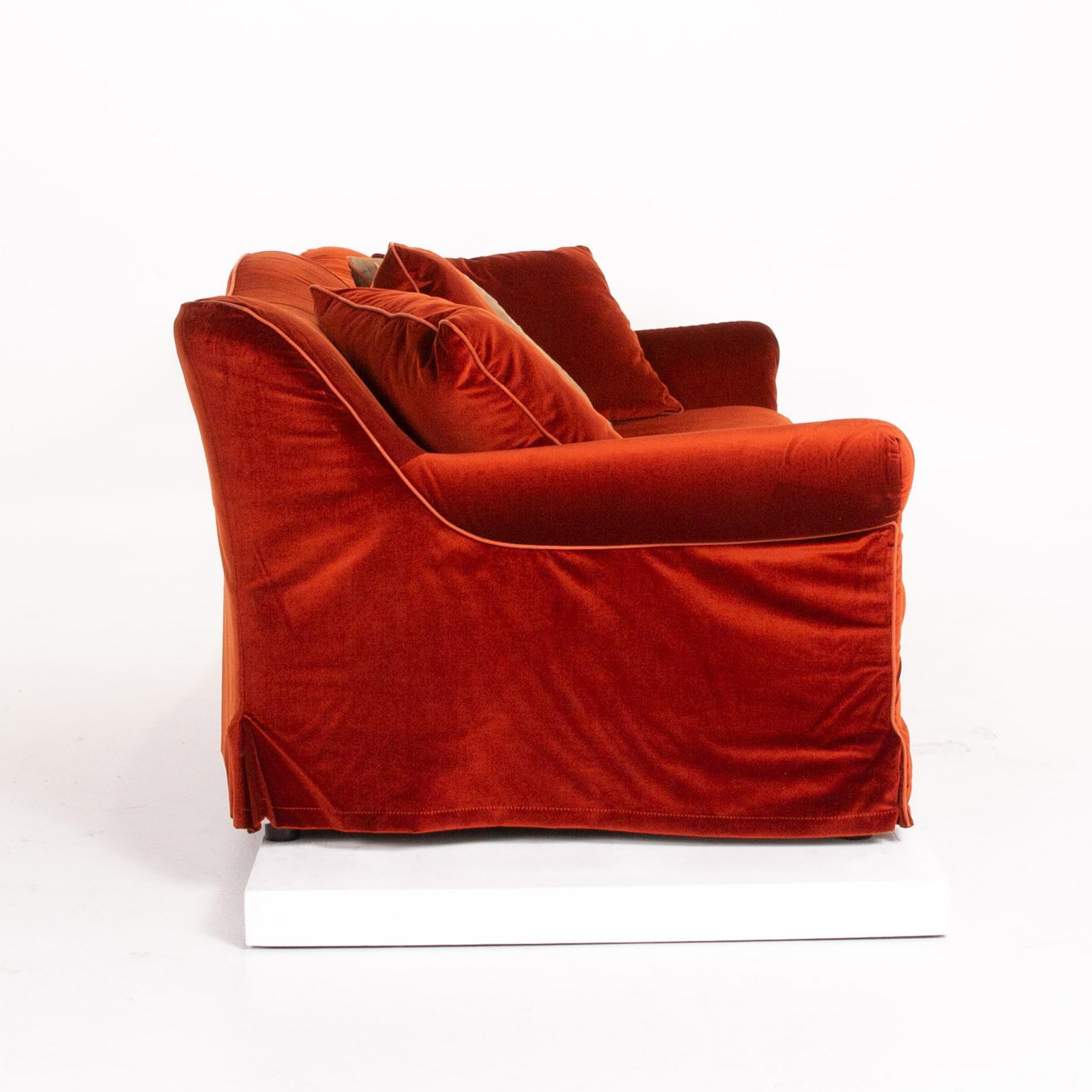Roche Bobois Velvet Fabric Red Orange Three-Seat Couch 3