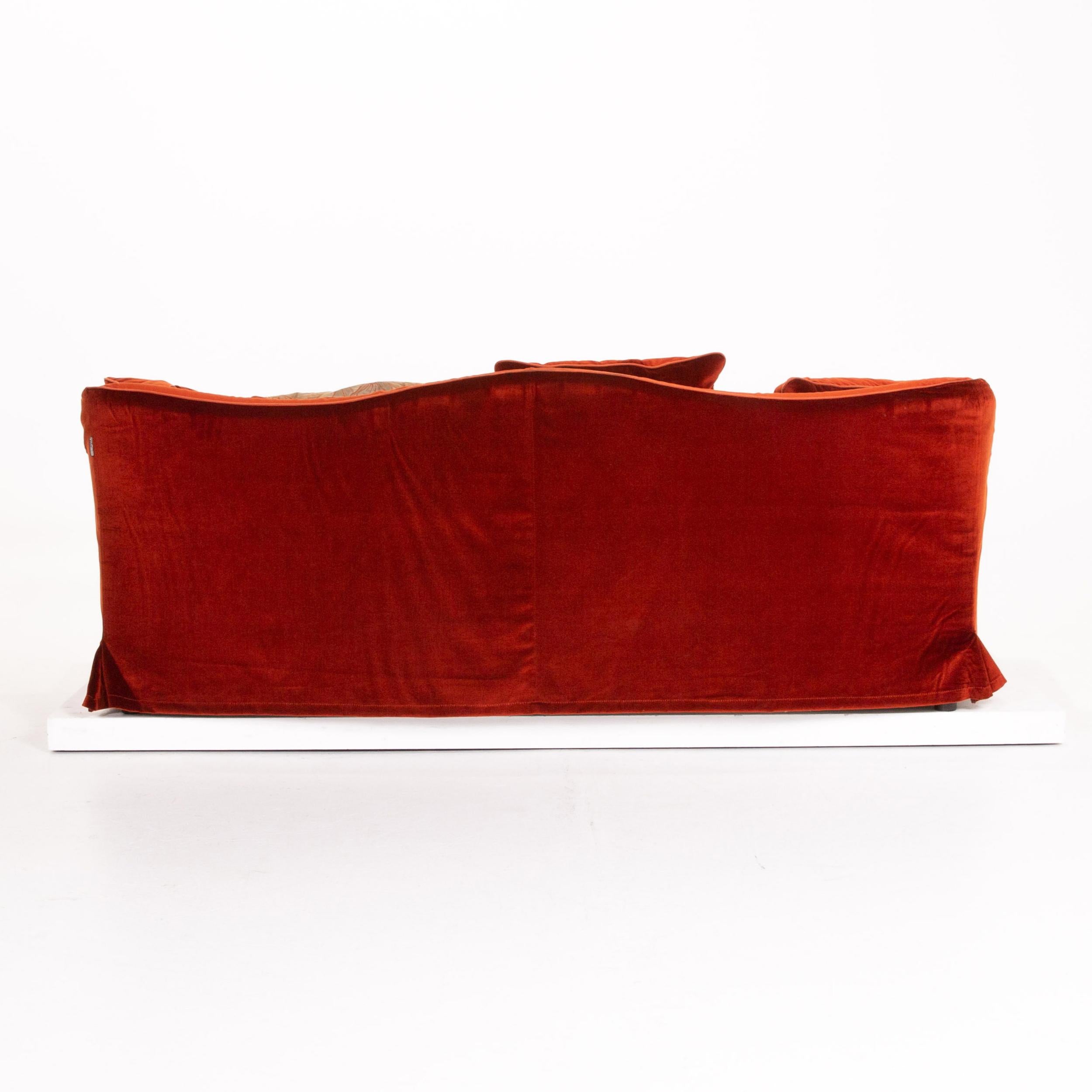 Roche Bobois Velvet Fabric Red Orange Three-Seat Couch 4