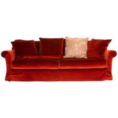Roche Bobois Velvet Fabric Red Orange Three-Seat Couch