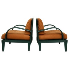 Hermes Inspired Saddle Stitched Brown Green Leather Lounge Chairs, 1980s, France