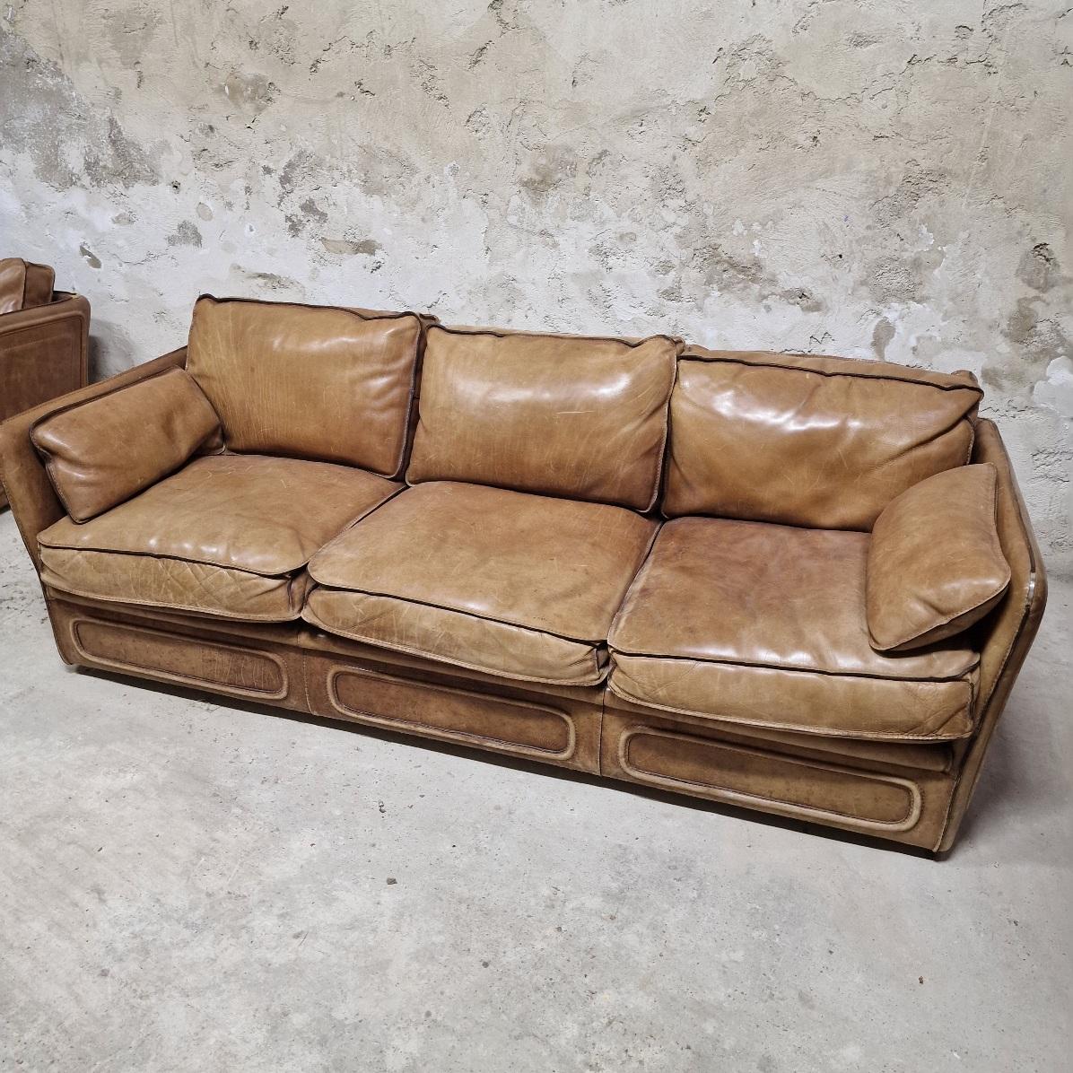 Roche Bobois 3-seater full-grain leather sofa with feather cushions circa 1980.