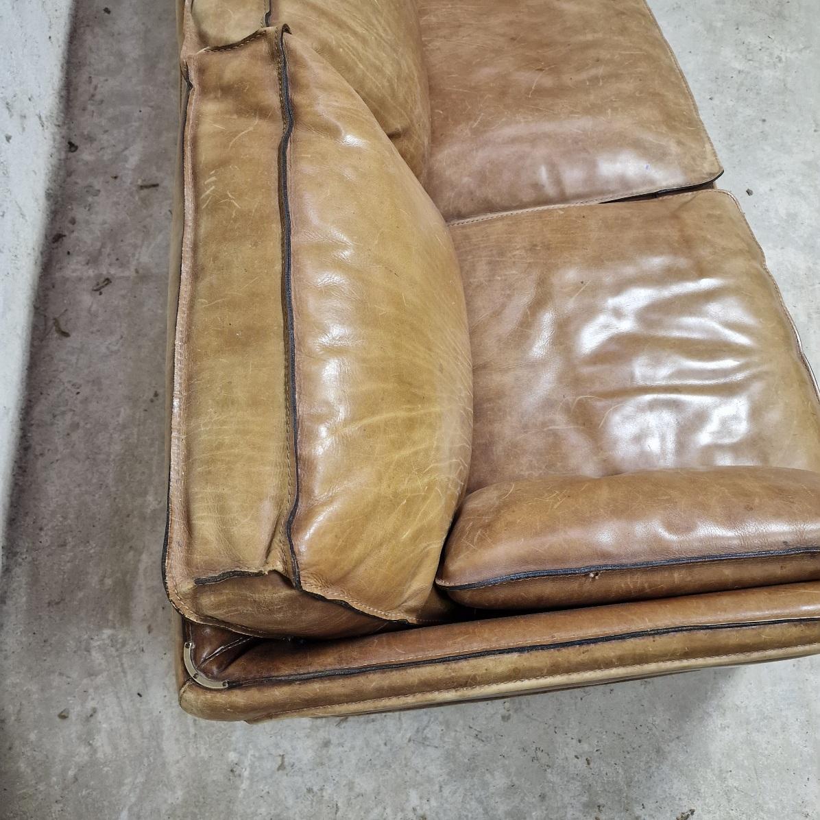Mid-Century Modern Roche Bobois Vintage Full-Grain Leather Sofa circa 1980