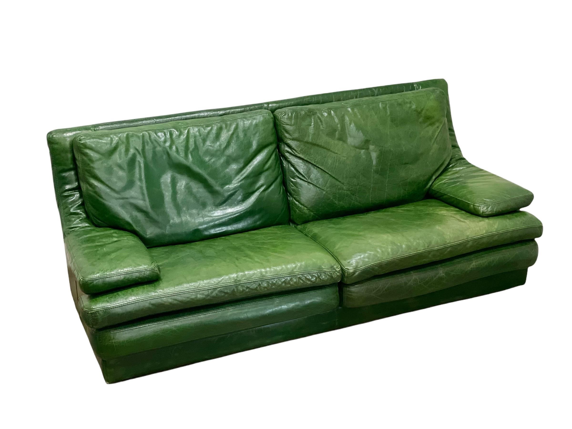 Roche Bobois Vintage Post Modern Green Leather Sofa and Loveseat, circa 1987 1