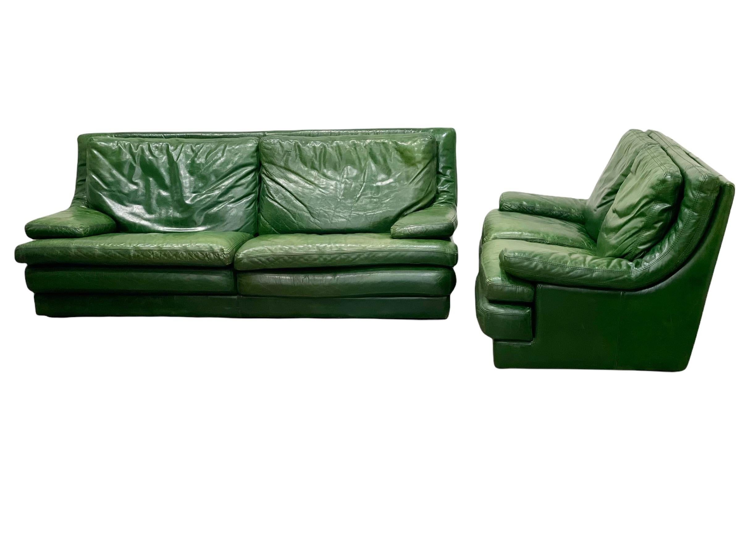 Roche Bobois Vintage Post Modern Green Leather Sofa and Loveseat, circa 1987 3