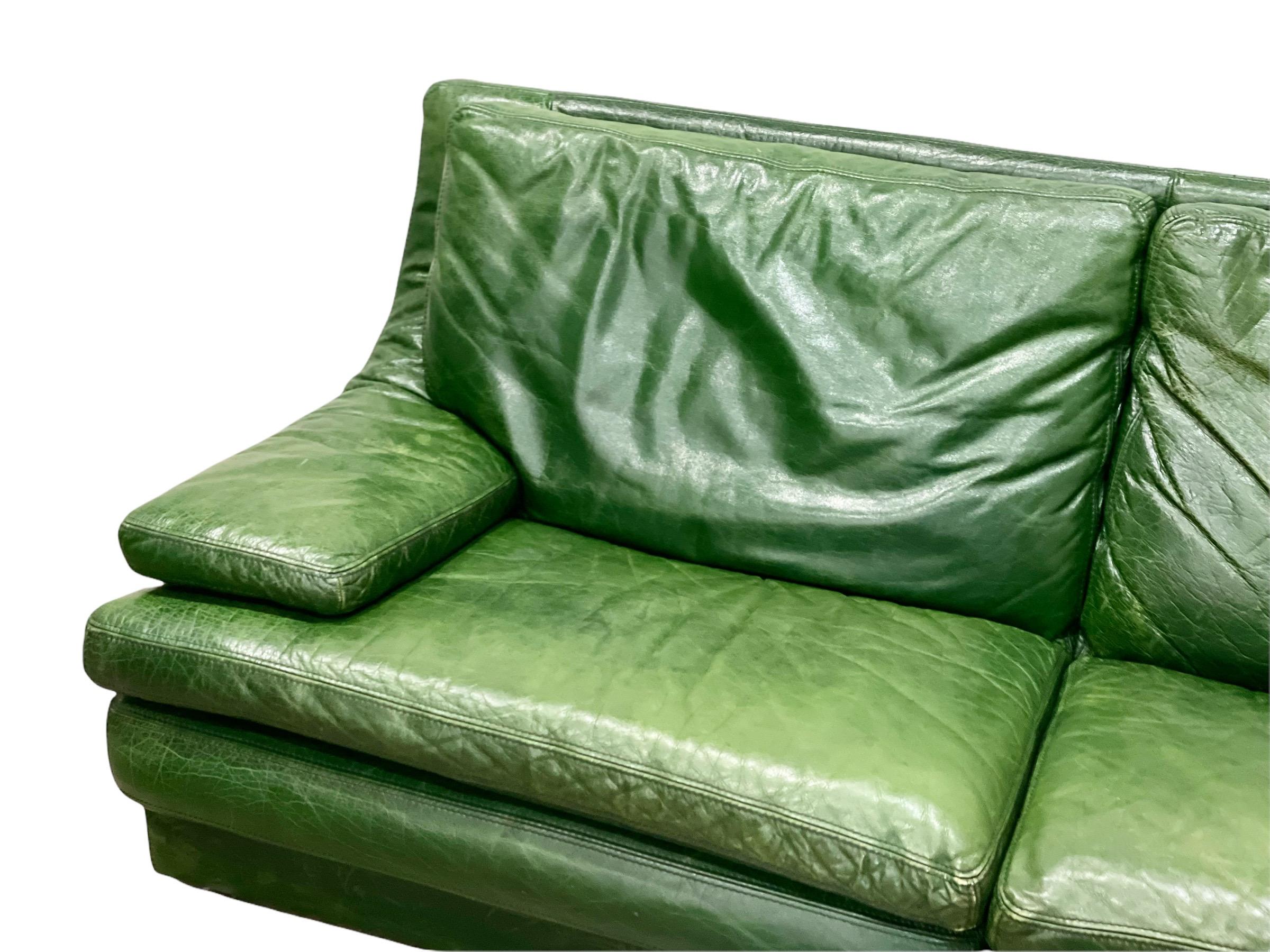 Post-Modern Roche Bobois Vintage Post Modern Green Leather Sofa and Loveseat, circa 1987