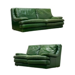 Roche Bobois Vintage Post Modern Green Leather Sofa and Loveseat, circa 1987