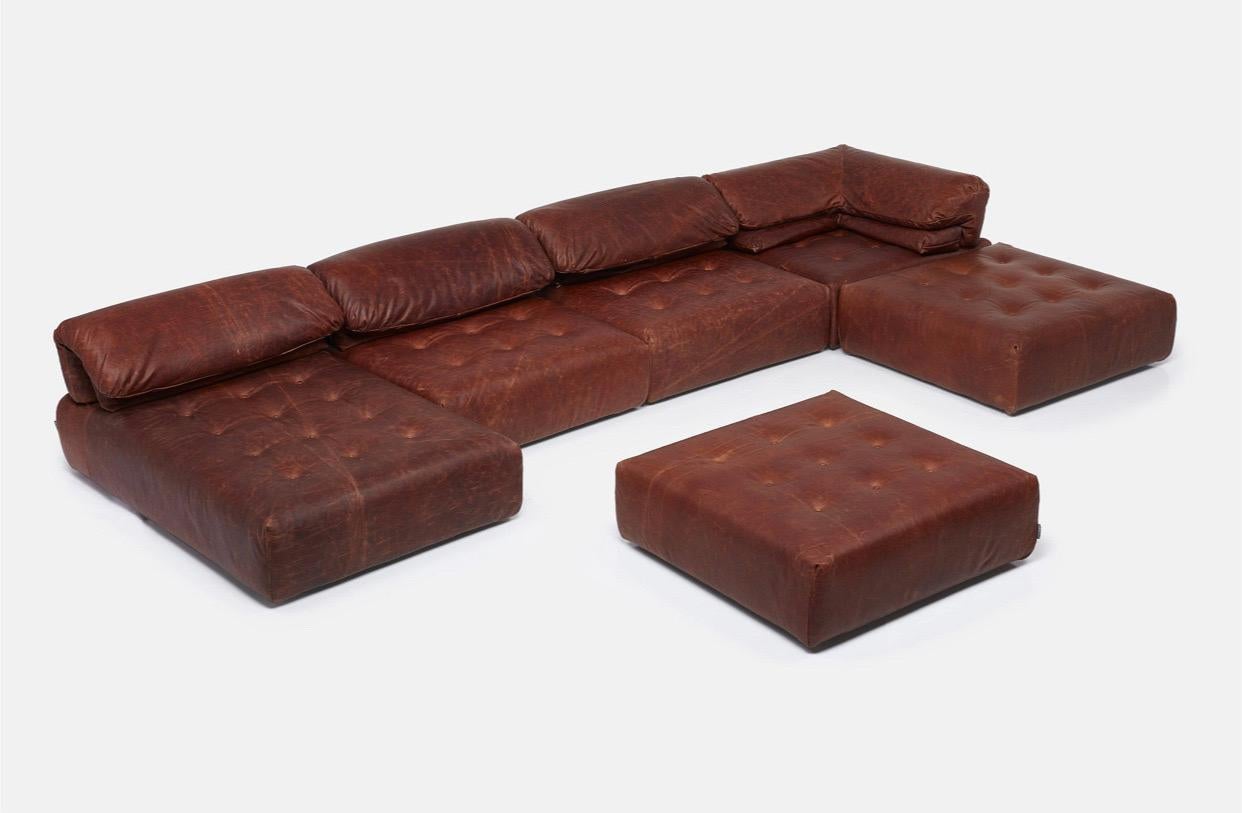 Un canapé modulable exceptionnel et expansif de Roche Bobois en cuir brésilien épais et vieilli. Le canapé se compose de six éléments : 1 chaise, 2 chaises simples, 1 chaise d'angle et 2 ottomans. Les éléments peuvent être disposés dans un nombre