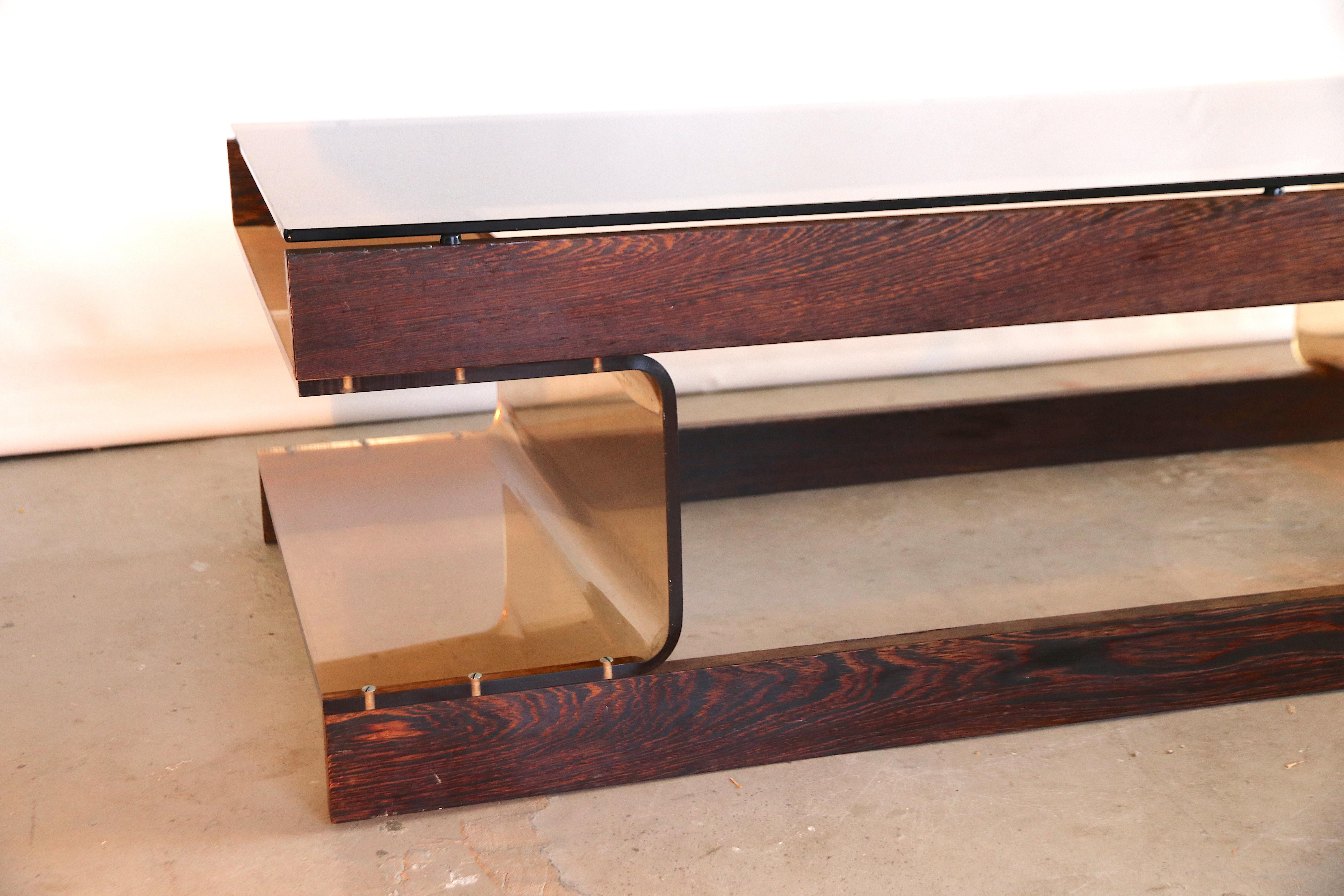 Mid-Century Modern Roche Bobois Wenge Coffee Table with Smoked Acrylic Perspex and Smoked Glass Top