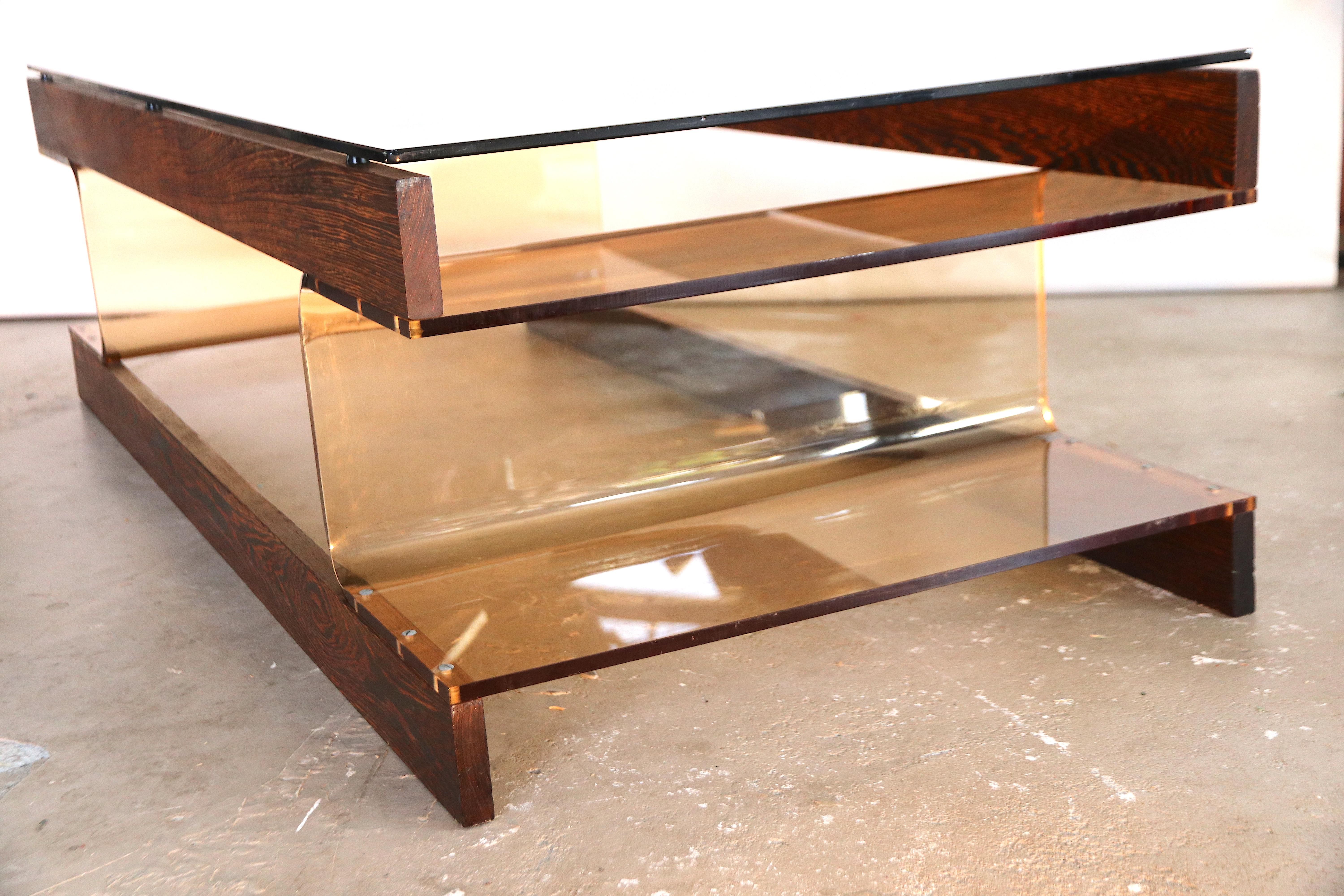 French Roche Bobois Wenge Coffee Table with Smoked Acrylic Perspex and Smoked Glass Top