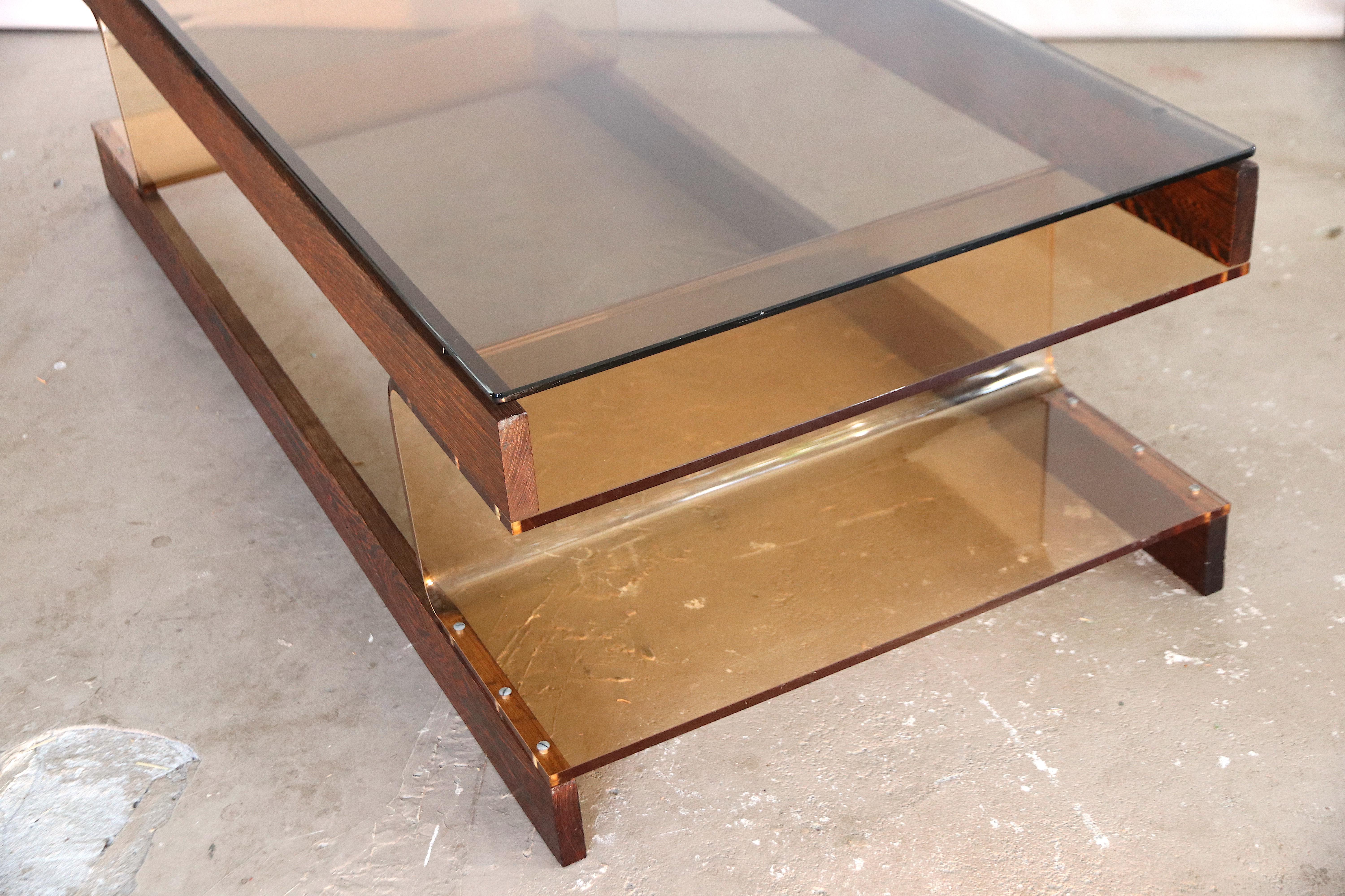 Roche Bobois Wenge Coffee Table with Smoked Acrylic Perspex and Smoked Glass Top In Good Condition In Amsterdam, NL