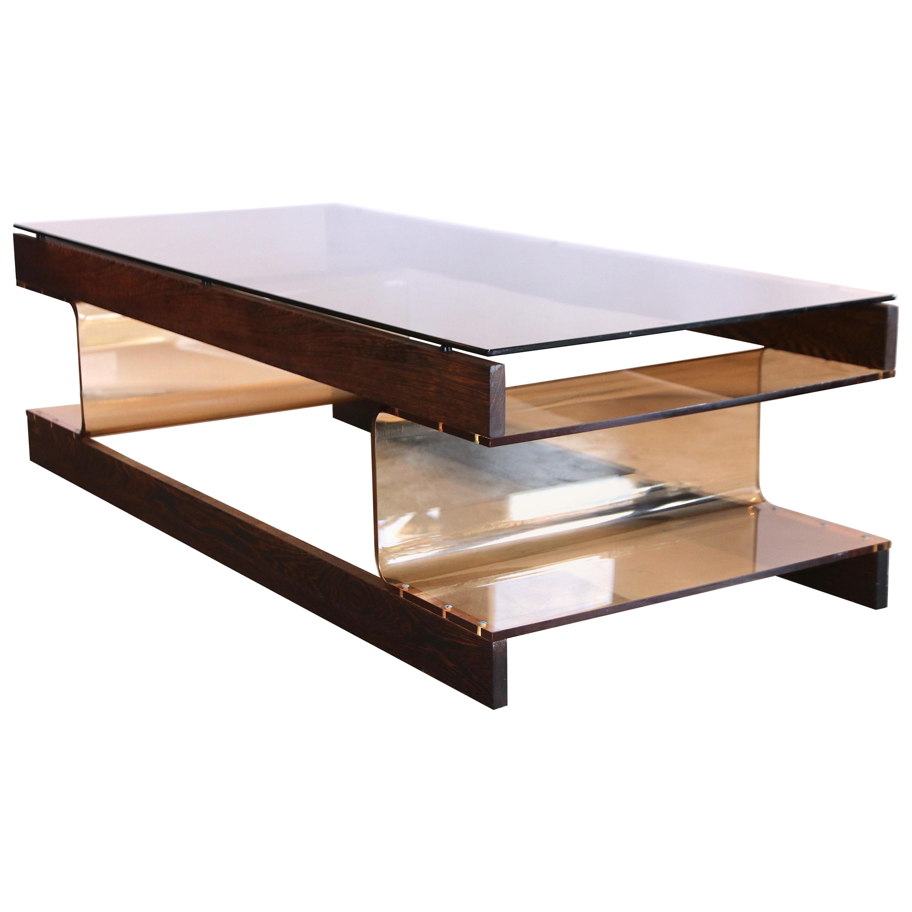 Roche Bobois Wenge Coffee Table with Smoked Acrylic Perspex and Smoked Glass Top